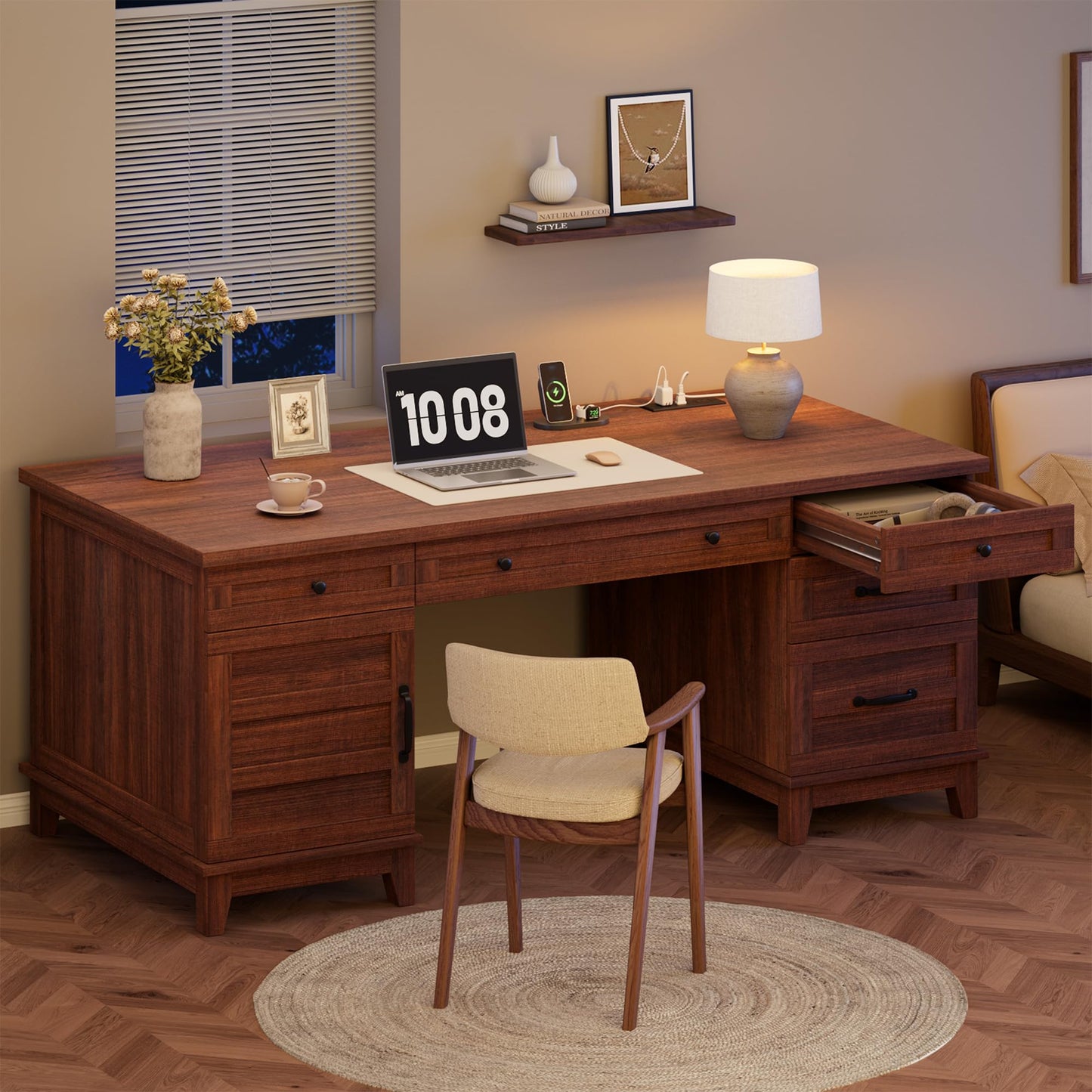 GAOMON 60in Wooden Executive Desk with 5 Drawers, Office Desk Computer Table with Charging Station, Farmhouse Home Office Desk with File Cabinet Storage, for Study and Home Office, Walunt Brown