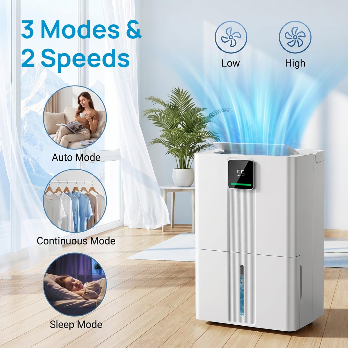 Uthfy 6000sq.ft Large Dehumidifier for Basement, Max 100 Pints Dehumidifiers with Drain Hose, 5.5L Detachable Water Tank, 2 LED & 3 Colors Display, Child Lock, Wheels&Handle for Whose House, Bedroom