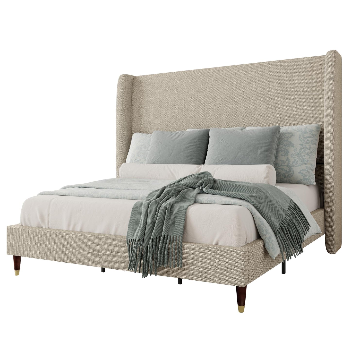 Jocisland Queen Size Bed Frame 51.2" Wingback Headboard Linen Upholstered Platform Bed,Solid Wood Legs & Wooden Slats,No Box Spring Needed,Noise-Free,for Family Guest Room Cozy Home,Brown
