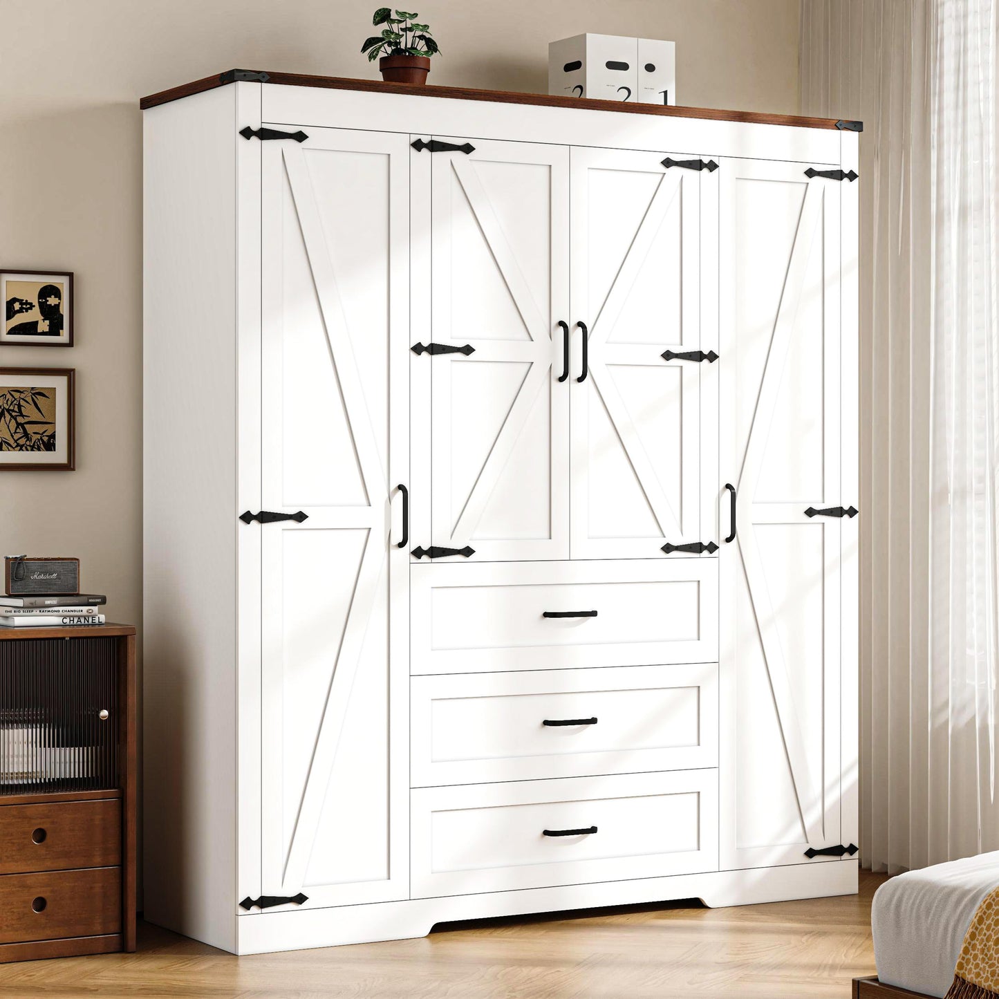 CayugaCrekrd 70" Tall Armoire Wardrobe Closet with 4 Doors & 3 Drawers, Farmhouse Bedroom Storage Cabinet with Hanging Rod, Freestanding Wooden Armoire Wardrobe Closet, White