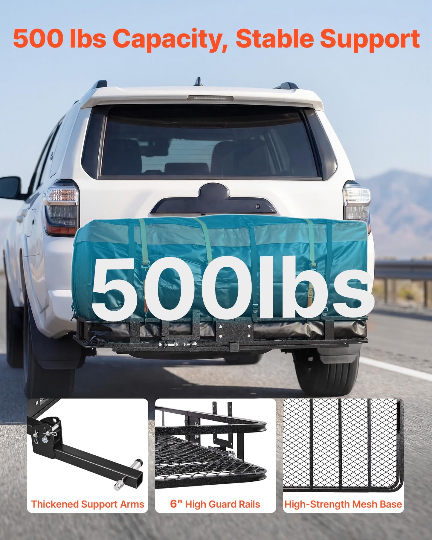 VEVOR Hitch Mount Cargo Carrier, 60" x 36" x 6" Folding Rear Luggage Rack Basket with Waterproof Cargo Bag, 500LBS Capacity High-Strength Steel Hitch Cargo Carrier Fits 2" Receiver for SUV Pickups