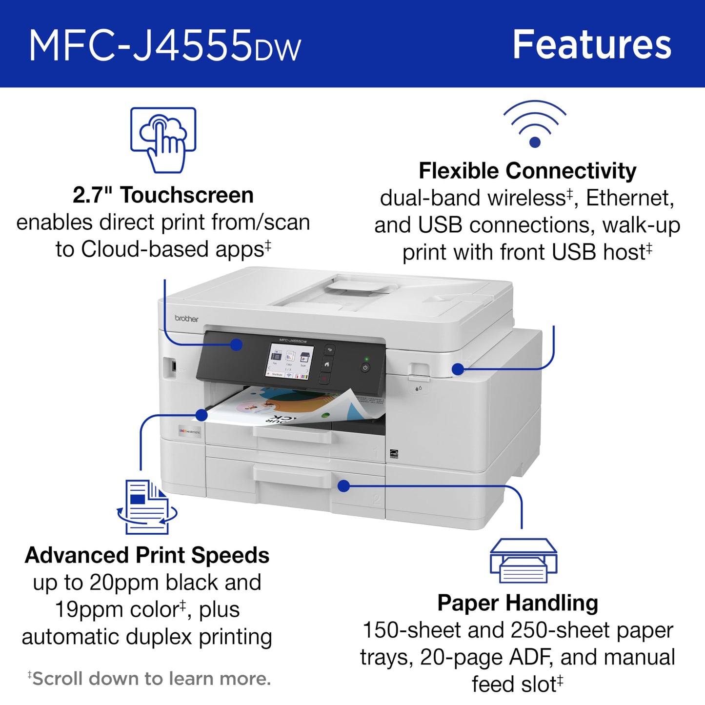 Brother INKvestment 4555 Wireless Color Inkjet All-in-One Printer with 2.7” Color Touchscreen and 2 Paper Trays | Includes Refresh Subscription Trial(1) (MFC-J4555DW)