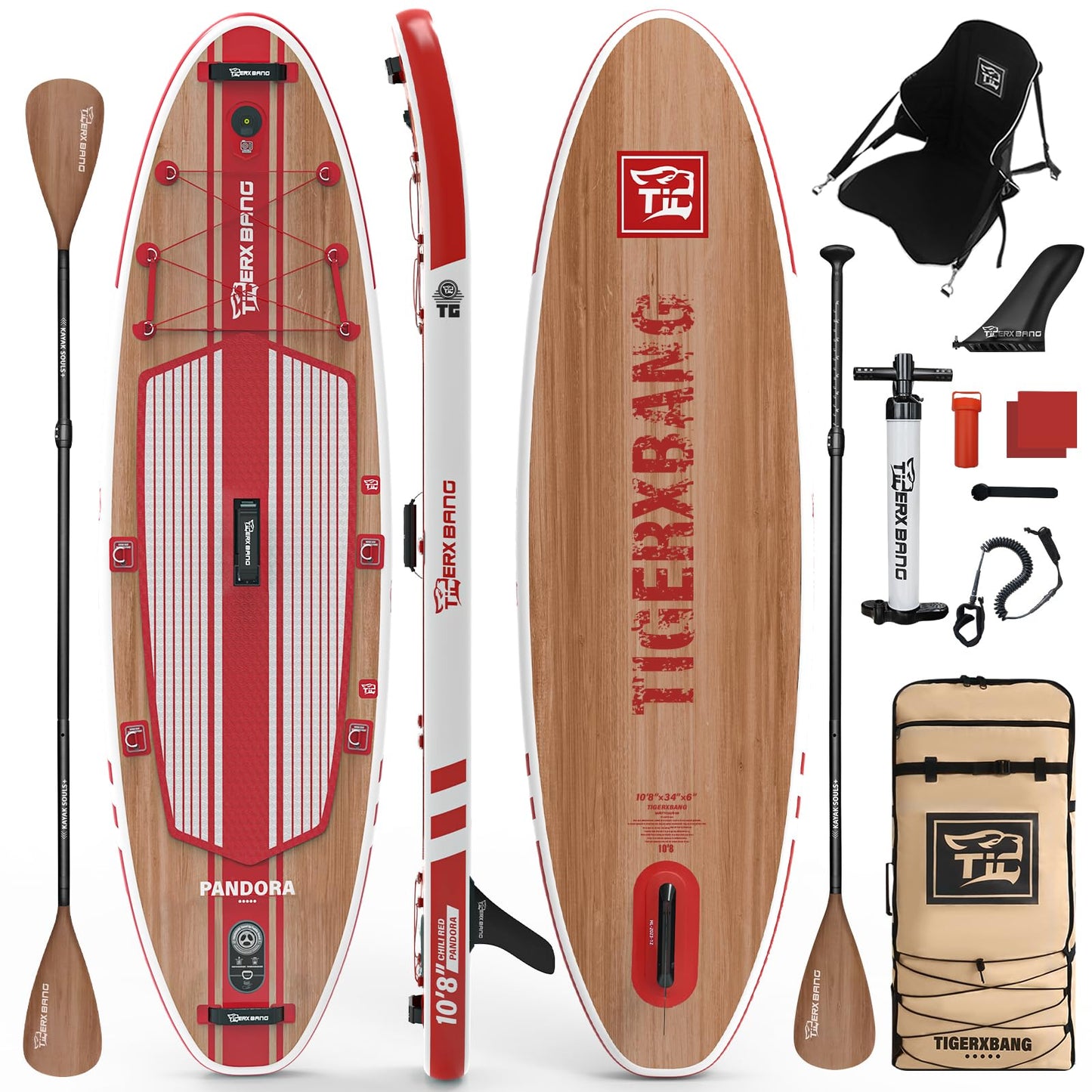 TIGERXBANG Paddle Board, 10.8' Stand Up Paddle Board with Premium Complete Inflatable SUP Accessories, Extra Wide Paddleboards for Adults & Youth-Pandora Collection Chili Red