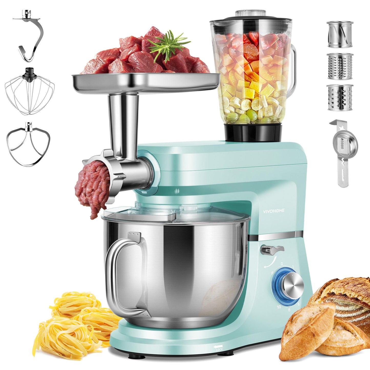 VIVOHOME 6-in-1 Stand Mixer, 8.5 Quart Electric Tilt-Head Kitchen Mixer with Bowl, Multifunctional Food Mixer for Cake, Bread, and Dough, with Meat Grinder, Blender, Pasta Maker Attachments, Blue
