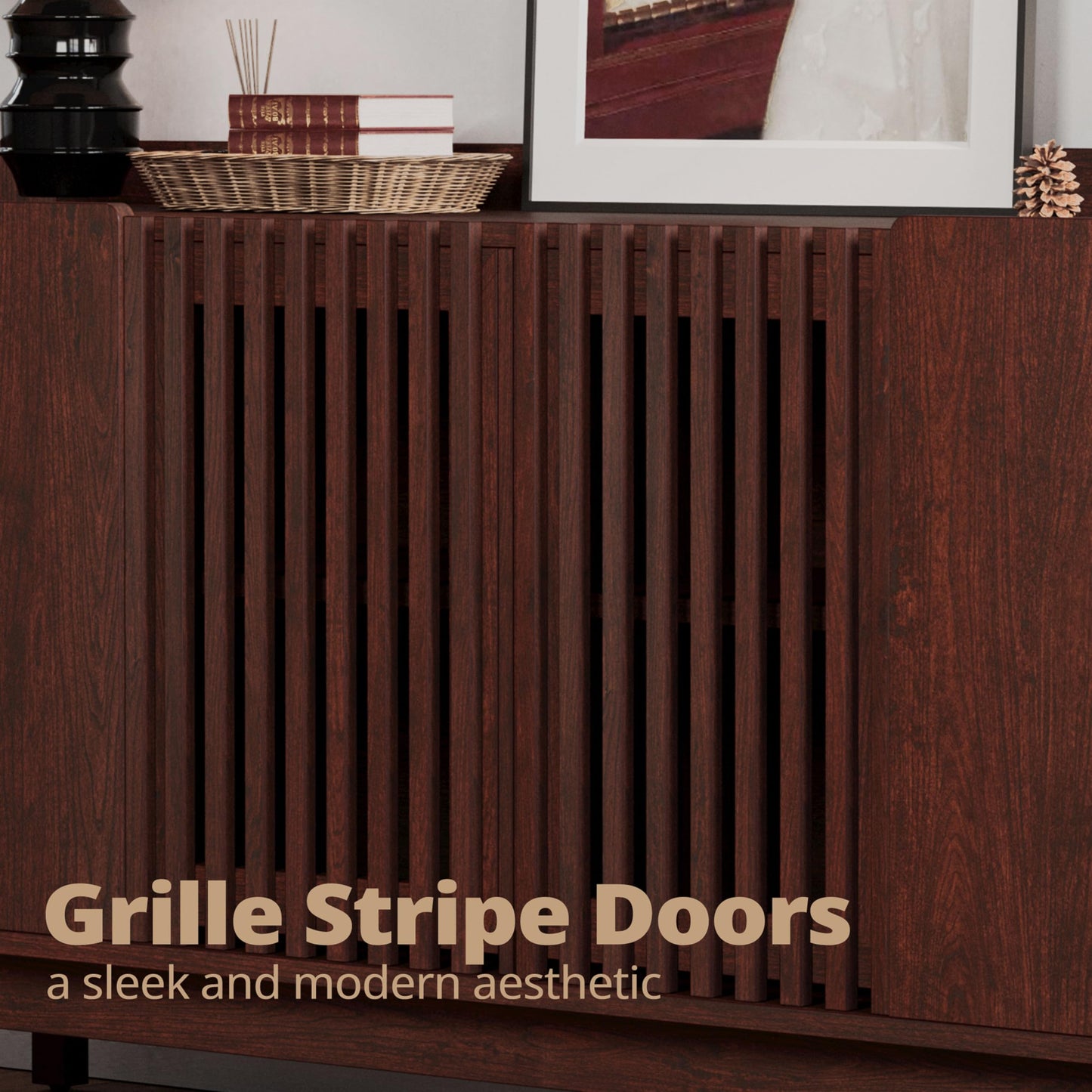 IRONCK Storage Cabinet with Grille Doors, Natural Red Walnut