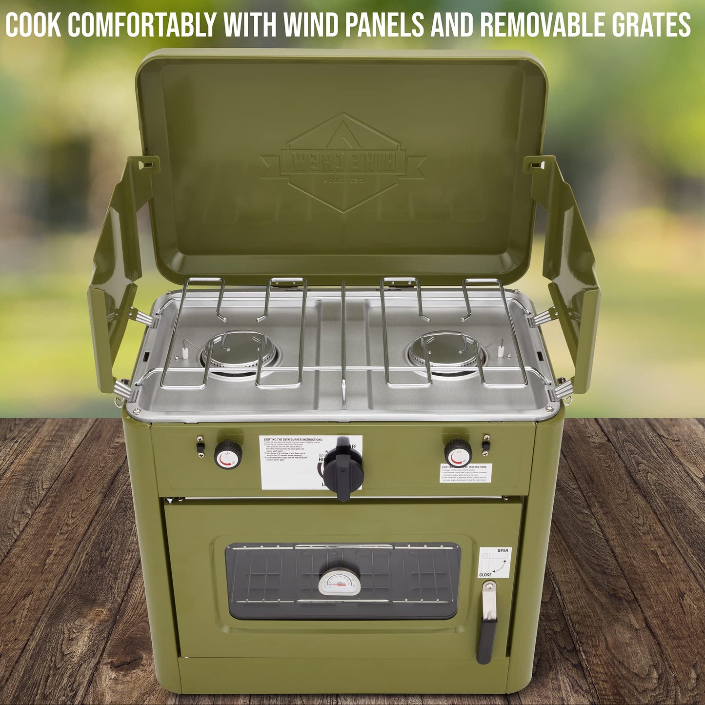 Hike Crew Outdoor Gas Camping Oven w/Carry Bag | CSA Approved Portable Propane-Powered 2-Burner Stove & Oven | Auto Ignition, Overheat Safety Shutoff, Built-In Thermometer | Hose & Regulator Included