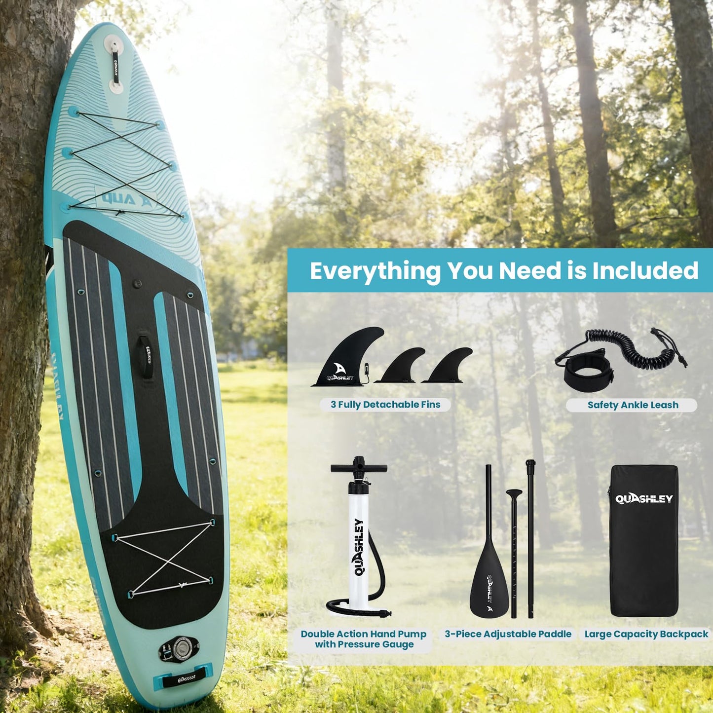 Quashley Inflatable Stand Up Paddle Board - All-Round SUP for Yoga,Fishing,Touring | Portable,Stable,Lightweight with Non-Slip Deck & Paddle for Beginners & Family Fun Green Waves