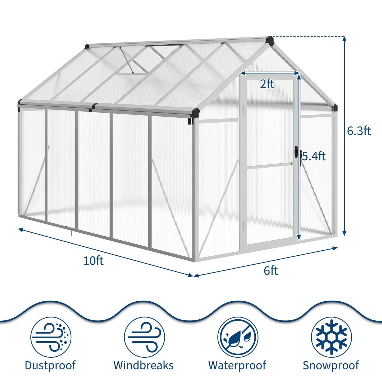 6x10 ft Walk-in Greenhouse, Polycarbonate Panels with Reinforced Aluminum Frame, Large Garden Green House for Planting and Seed Starting, Quick-Assembly Structure with Adjustable Roof Vent