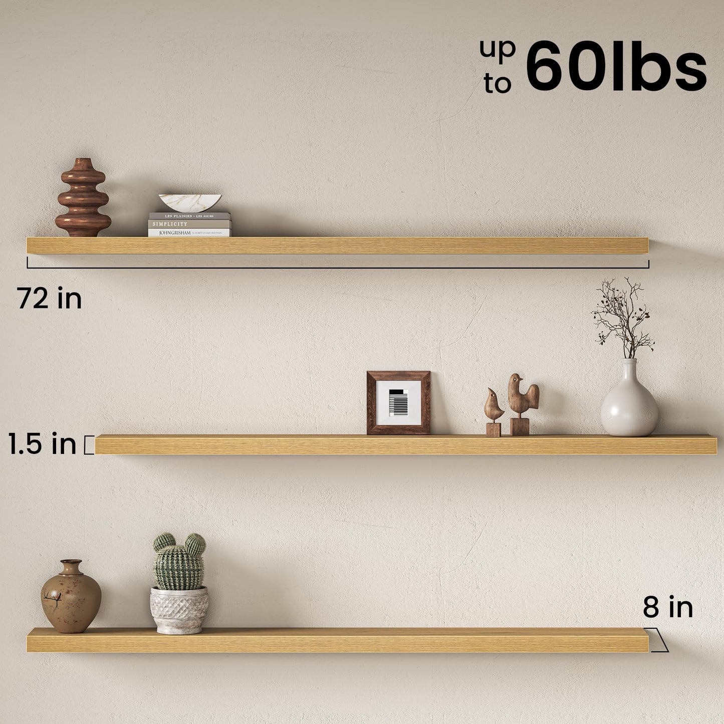 Fun Memories 72Inch Long Floating Shelves, 8 Inch Deep Shelves for Bedroom|Living Room, Wall Mounted Wood Hanging Shelf with Invisible Brackets for Fireplace Mantel Home Storage Decor, Oak - 2 Pack