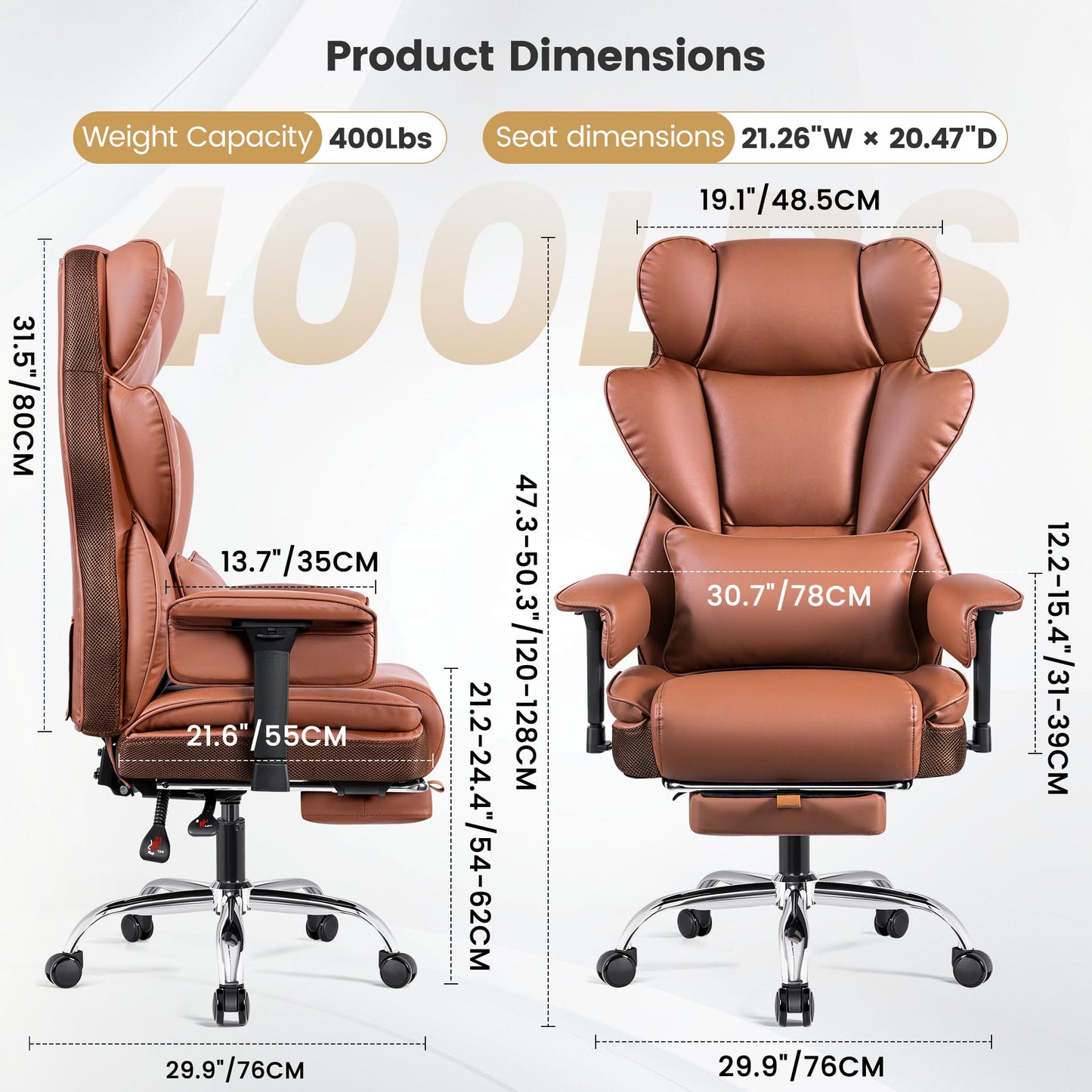 Stella Mia Big & Tall Executive Office Chair, Ergonomic High Back Heavy Duty Computer Chair with Retractable Footrest and Wide Seat, Brown 2 Pack