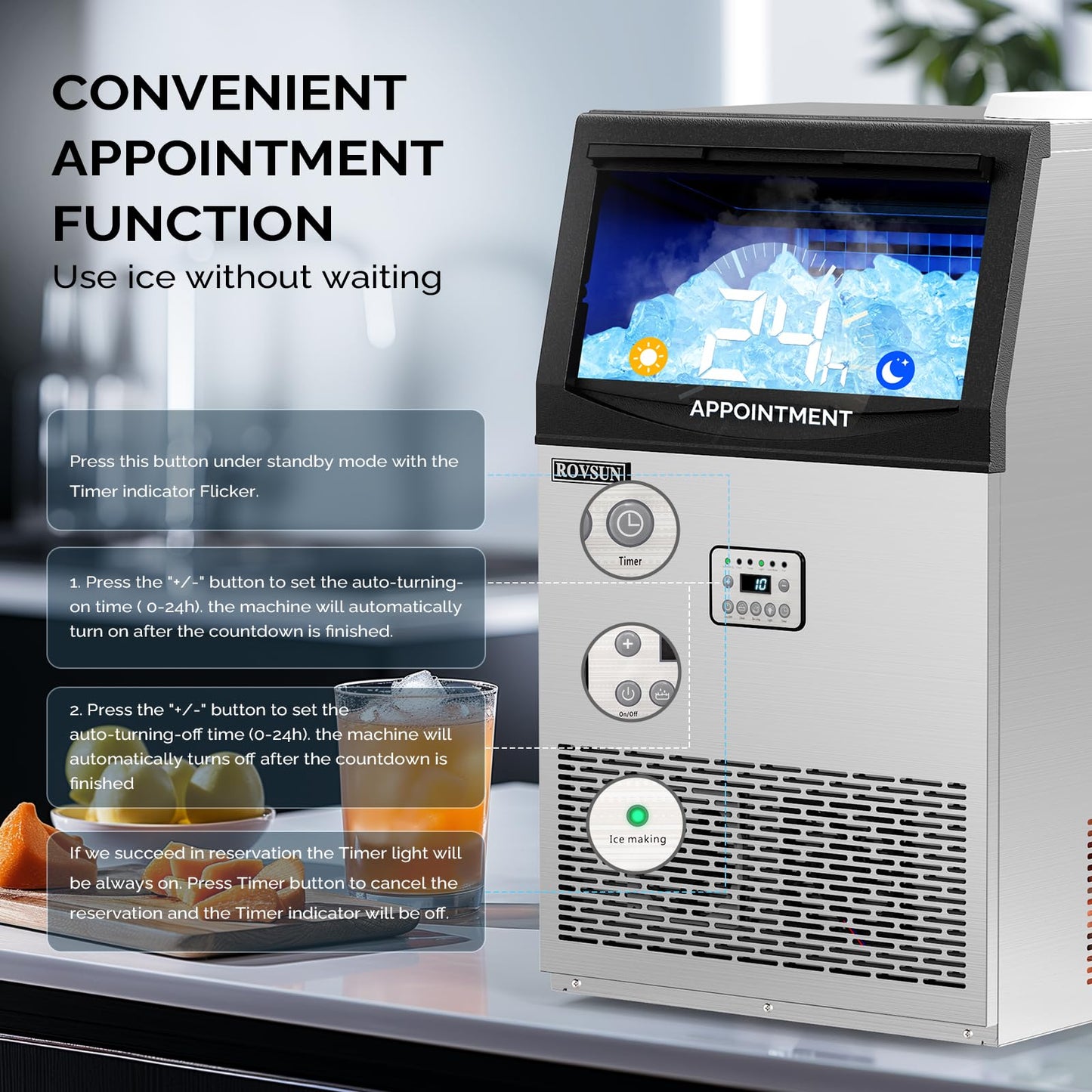 ROVSUN 110LBS/24H Commercial Ice Maker Machine with 50lbs Storage Bin, Freestanding/Countertop Ice Machine with 2 Water Inlets, Ice Scoop & Water Filter for Home Office Restaurant Bar Cafe Use