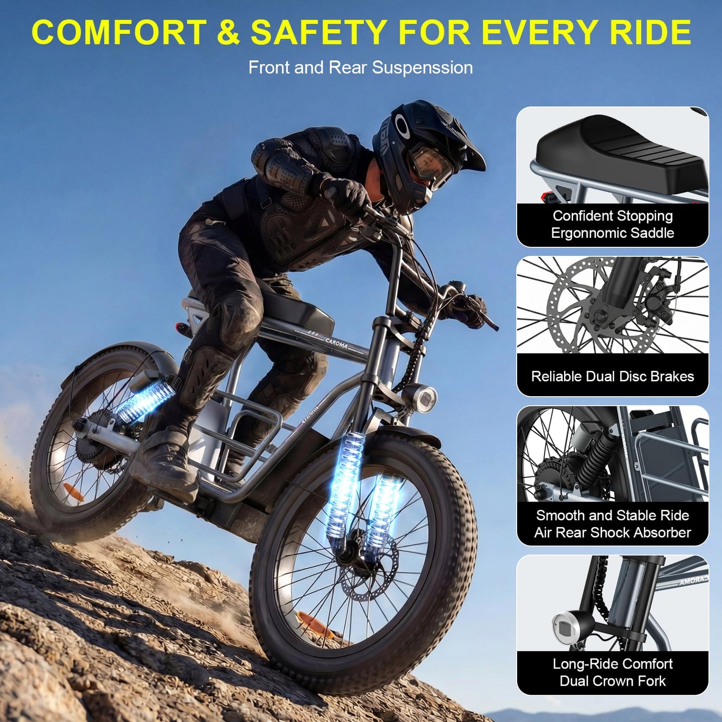 Caroma Electric Scooter with Seat for Adults, 1000W Peak Motor, 25Miles Range & 20Mph, Multiple Suspension, Electric Motorcycle Mini Bike with Basket for Pet s& Cargo, UL 2272 Certified