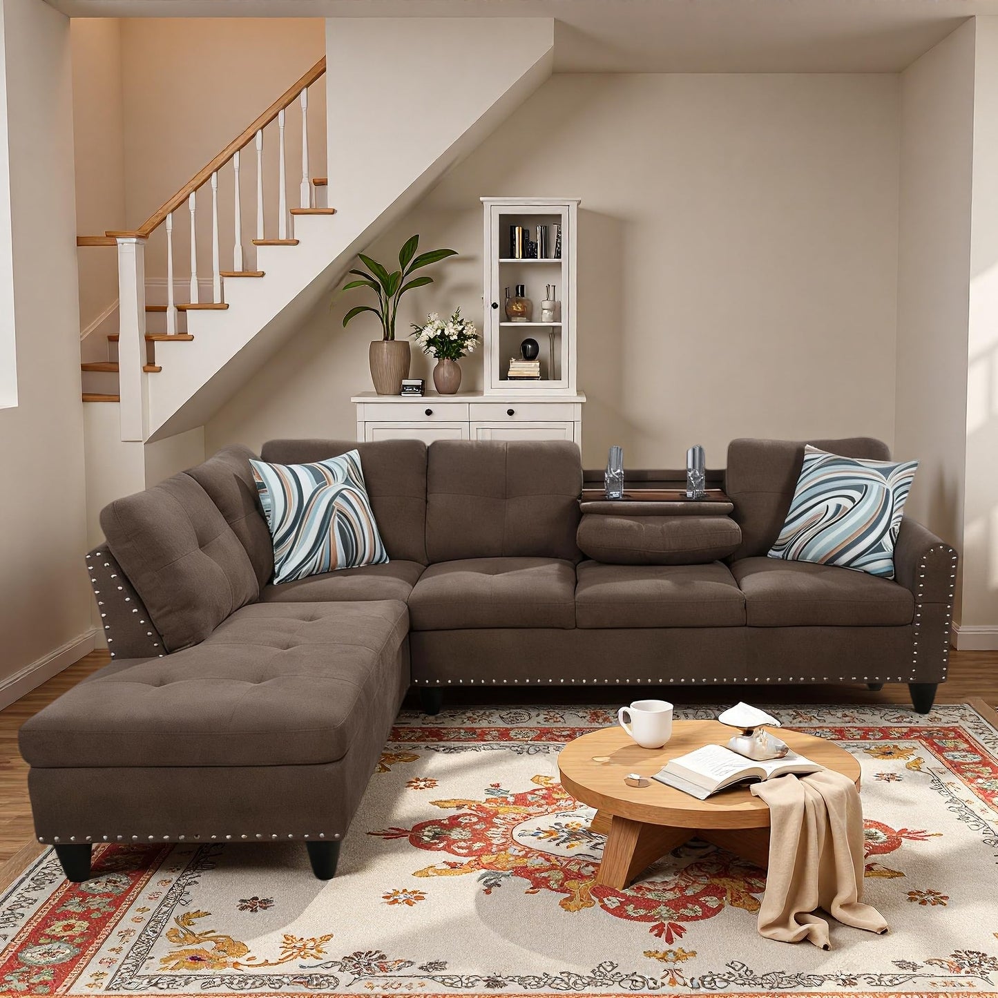 Trygoal L-Shaped Sectional Sofa, Modern 4-Seat Couch with Built-in Cup Holders, Upholstered Fabric Sectional Couch with Left Facing Chaise for Living Room, Apartment, Office, Brown