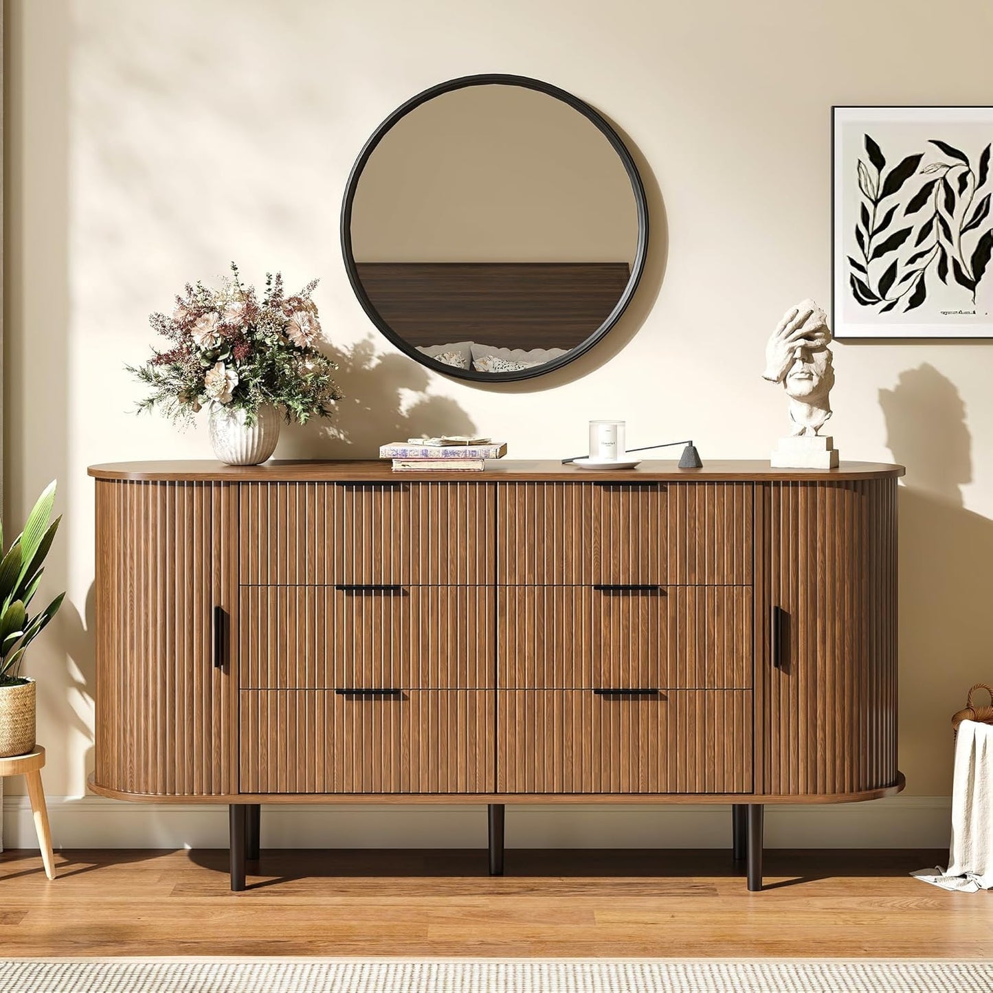 BVIUNTWO 63" Wide Fluted 6 Drawer Dresser for Bedroom, Modern Wood Chest of Drawers with Metal Handles, Curved Edge Design, Large Storage Credenza Cabinet for Living Room, Hallway, Brown