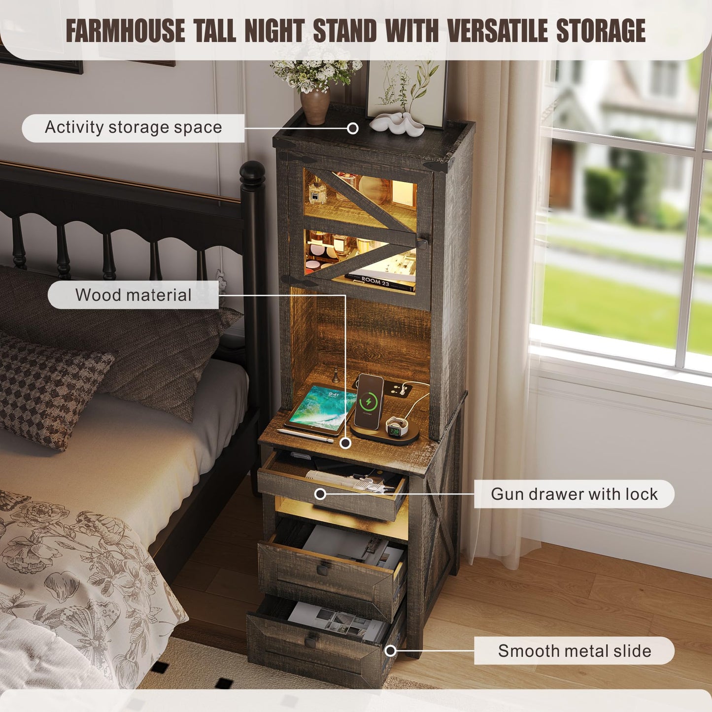 HWB Tall Night Stand with Charging Station and LED Lights, Farmhouse Nightstand with Gun Drawer&Adjustable Shelf, Bedside Table with 3 Drawers for Bedroom, Rustic Brown