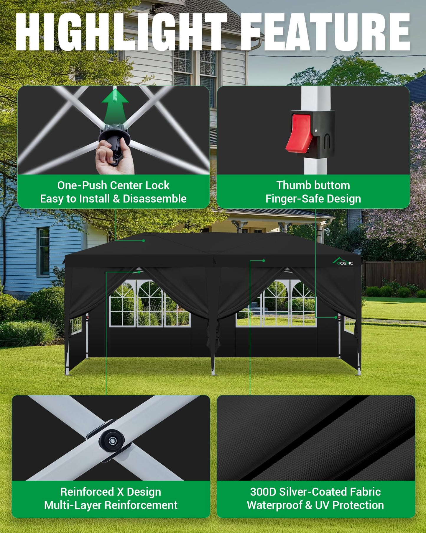 Acepic 10x20 Pop Up Canopy Tent with 6 Removable Sidewalls, Easy Set-up 2 Central Lock Outdoor Party Tent, Commercial Canopy, Stakes x8, Ropes x4, Sandbags x4, Hand Bag x1(Black, 10 * 20)