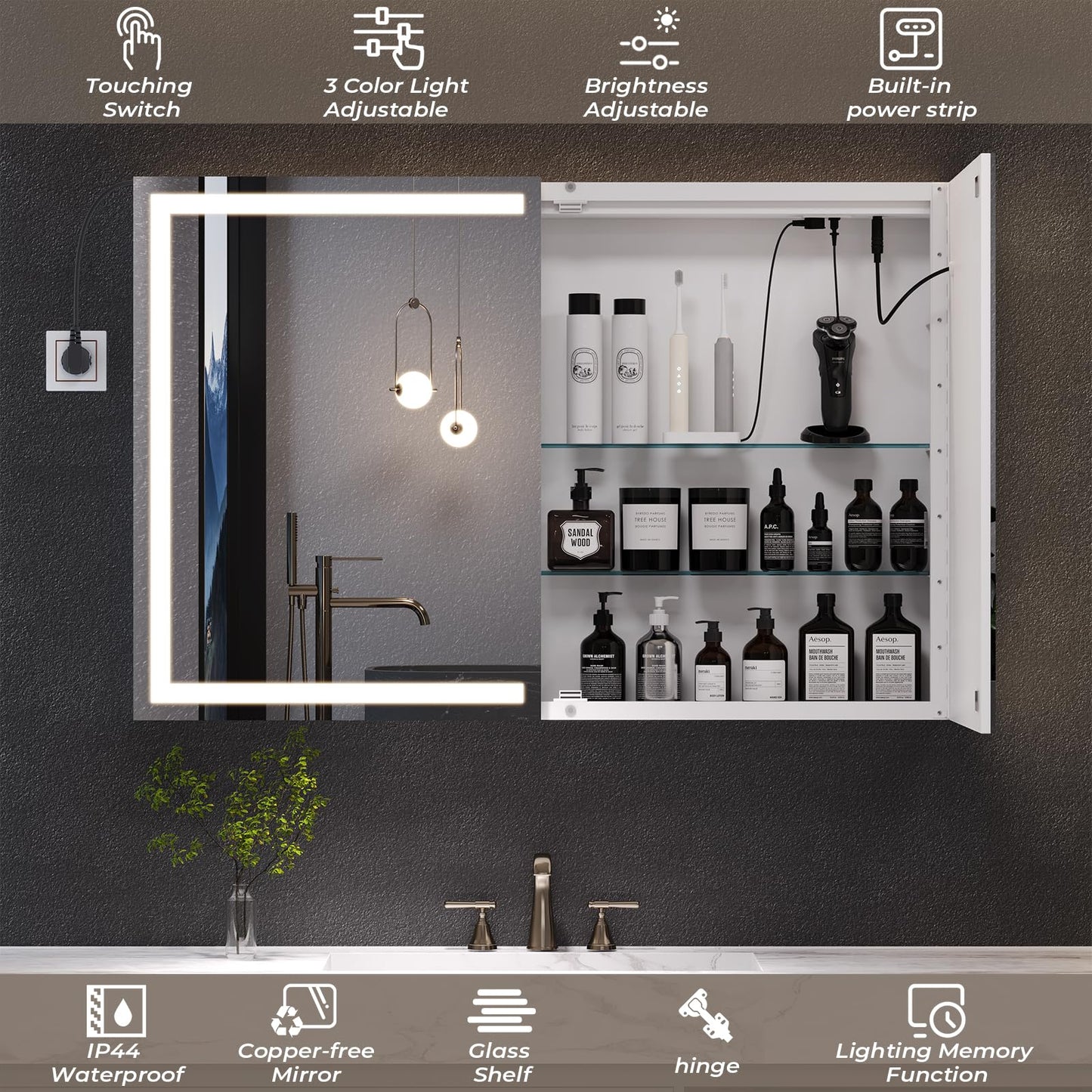 Hasuit Lighted Medicine Cabinet with Mirror, Wall Mounted Bathroom Mirror with Storage, 2 Doors Bathroom Wall Cabinet with LED Lights, 31.5'' x 23.6''