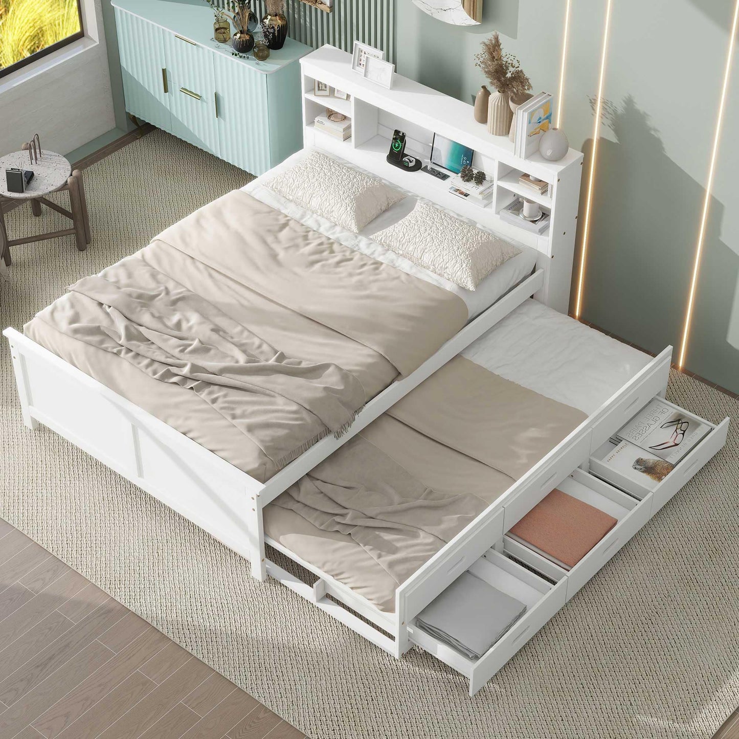 Merax Full Size Platform Bed with Storage Headboard, USB, Wood Bedframe with Twin Size Trundle and 3 Drawers, White