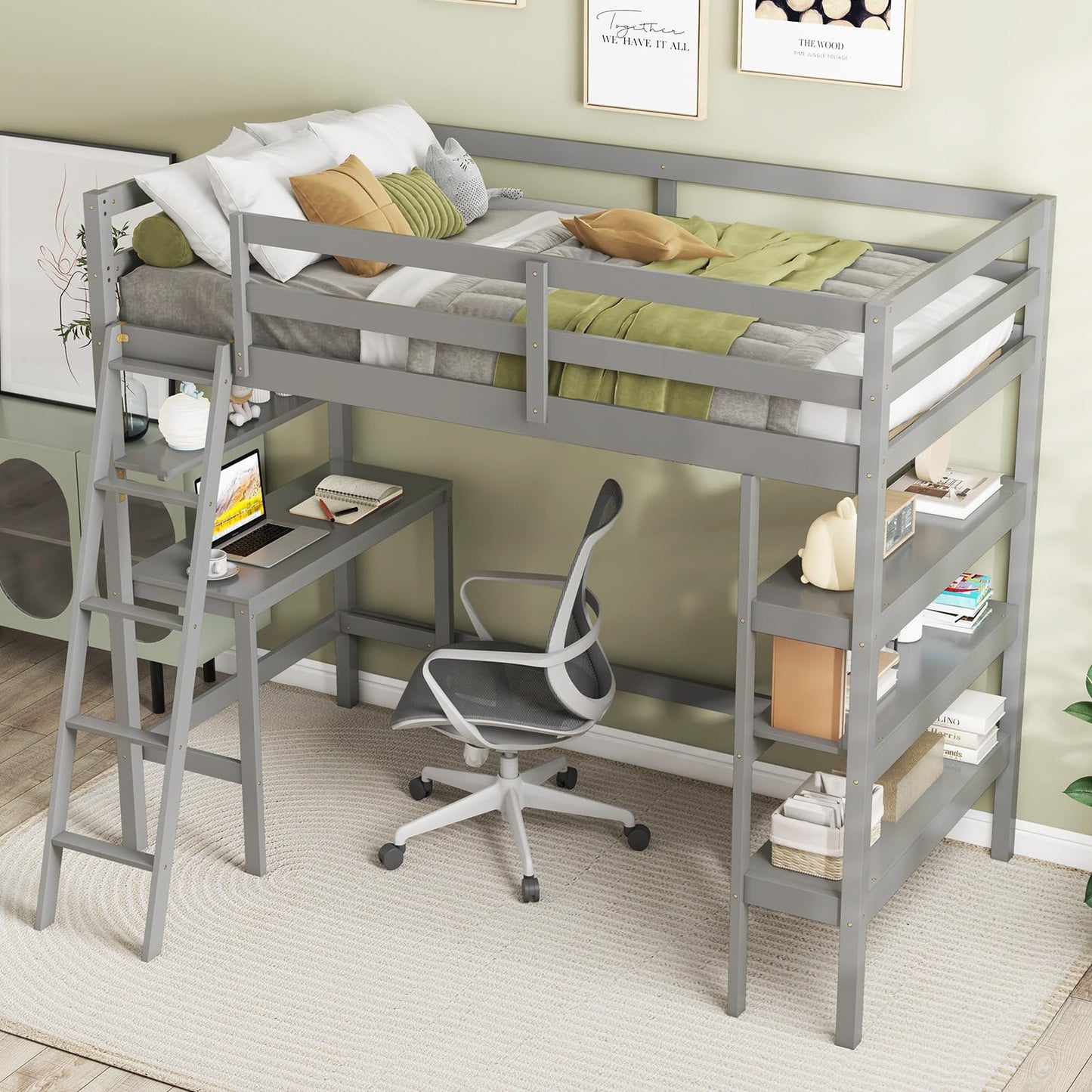 KOTEK Twin Loft Bed with Desk & Storage Shelves, Solid Wood Loft Bed Frame with Bookcase, Ladder, Guardrails, Twin Size Loft Bed for Kids, Teens, Drom, Apartment (Grey)