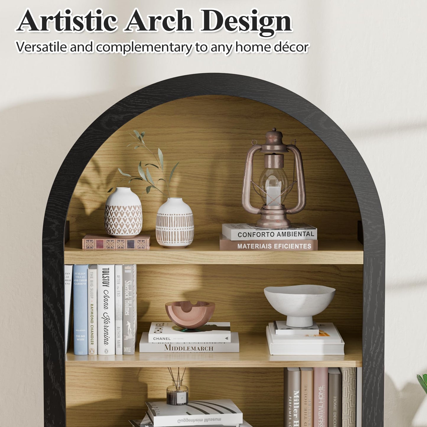 Topcomfy 63" Arched Bookshelf with Rattan Doors, Mid Century Modern Bookcase with Adjustable Shelves, 5-Tier Wood Storage Display Cabinet for Living Room, Home Office, Black