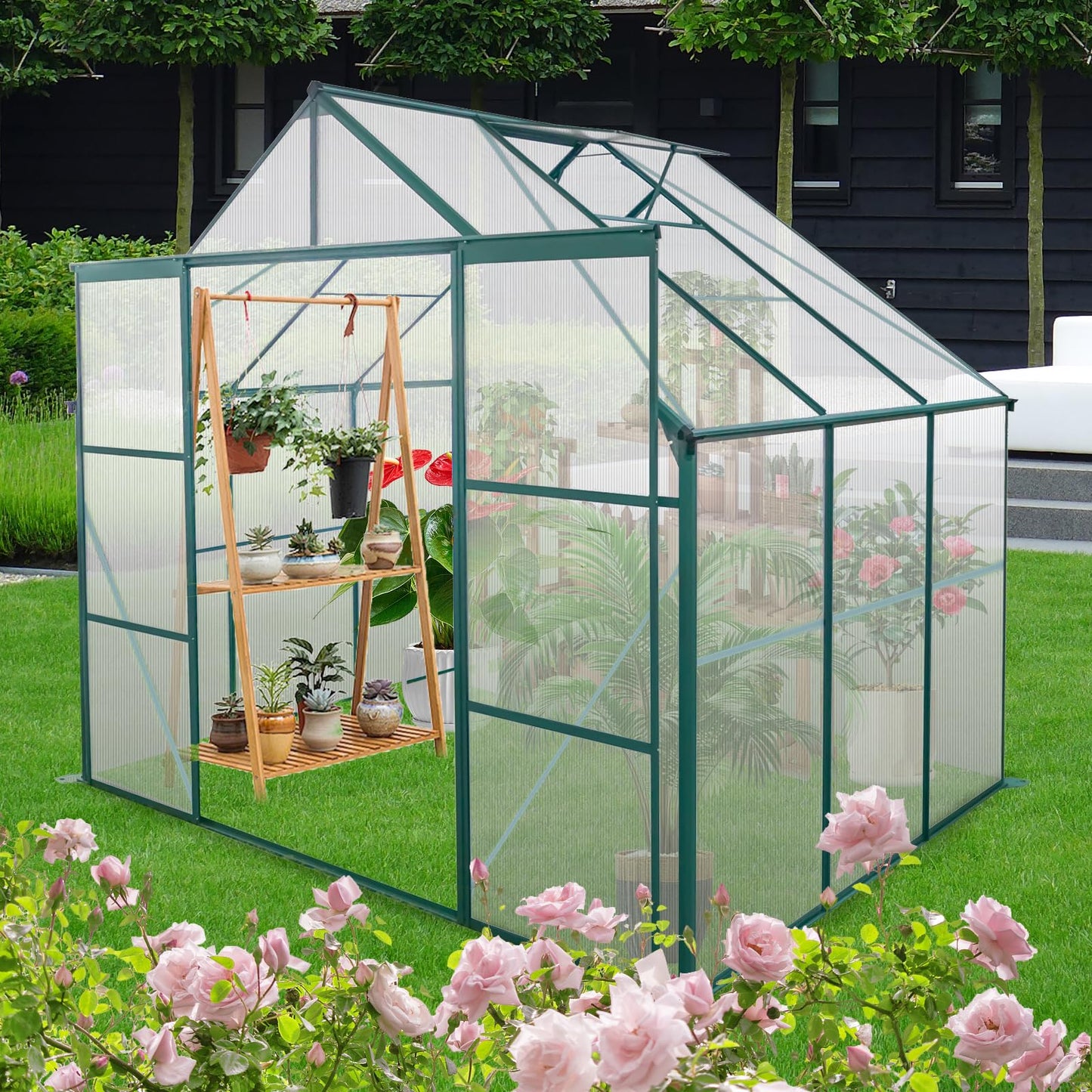 Ball & Cast 8X6 FT Greenhouse for Outdoors,Double Sliding Door Polycarbonate Raised Plant Base with Drainage System,Backyard Aluminum Heavy Duty Walk-in Green Houses w/ Adjustable Roof,Green