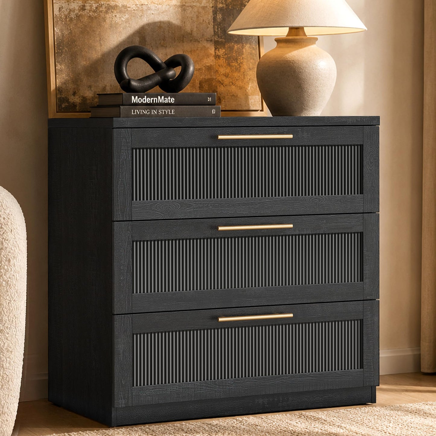 ModernMate 3 Drawer Dresser for Bedroom, Black Wood Grain Wide Nightstand and Chest of Drawers with Wave-Panel Front, 31" Tall Modular Storage Cabinet for Living Room