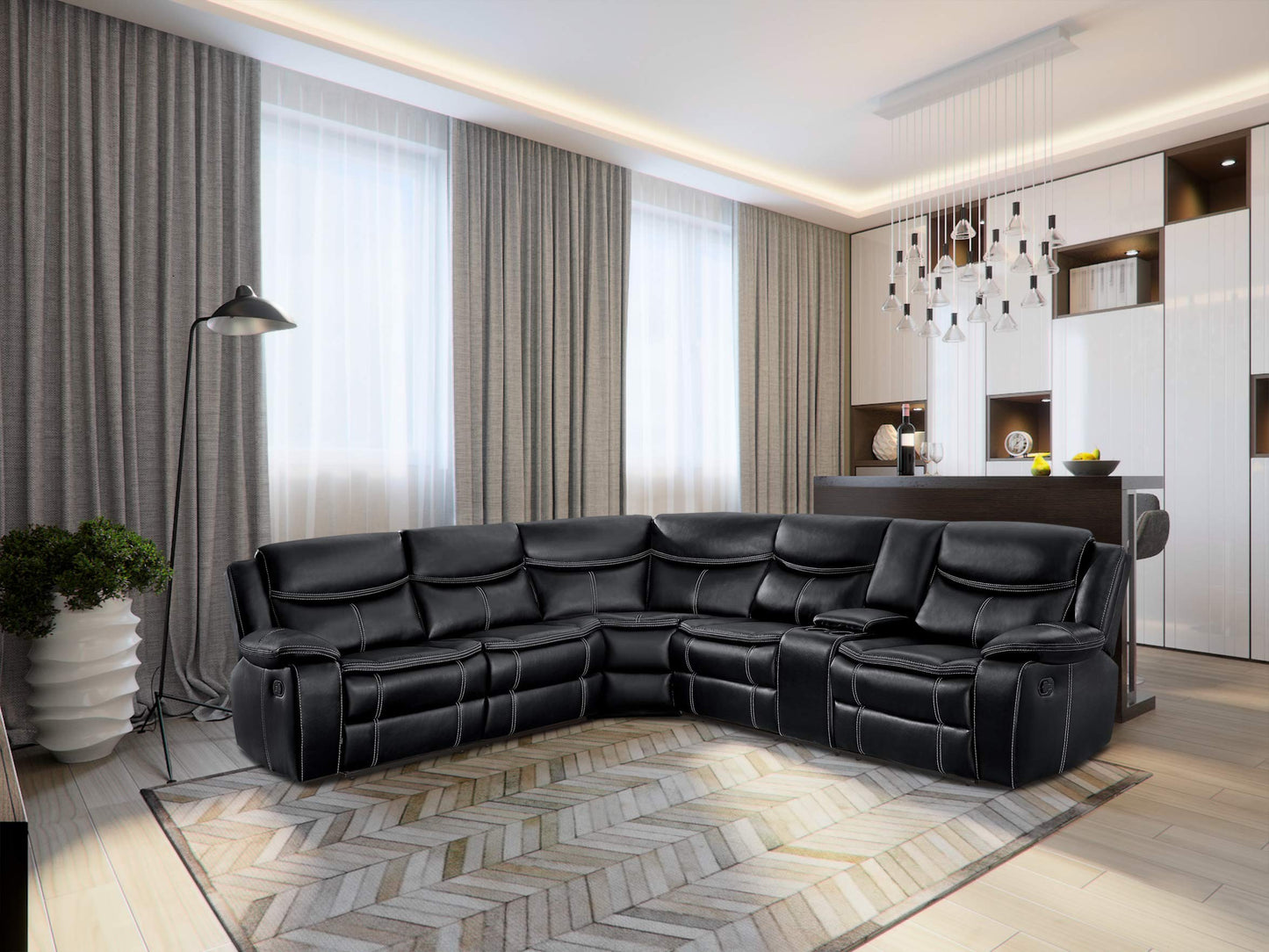 Lexicon Bay 3-Piece Manual Reclining Sectional Sofa, Black