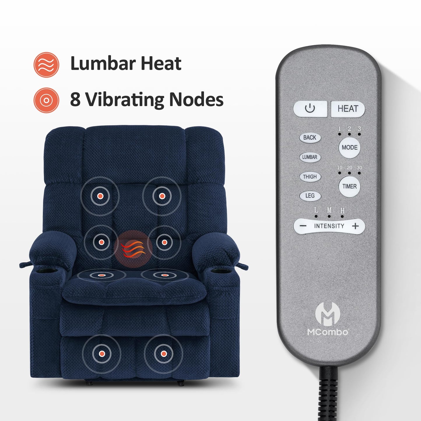 MCombo Oversized Power Lift Recliner Chair for Elderly, Dual Motor Lift Chair with Heat and Massage, Lay Flat Lift Chair for Big and Tall, Cup Holders, Fabric R7891 (Oversize, Navy Blue)