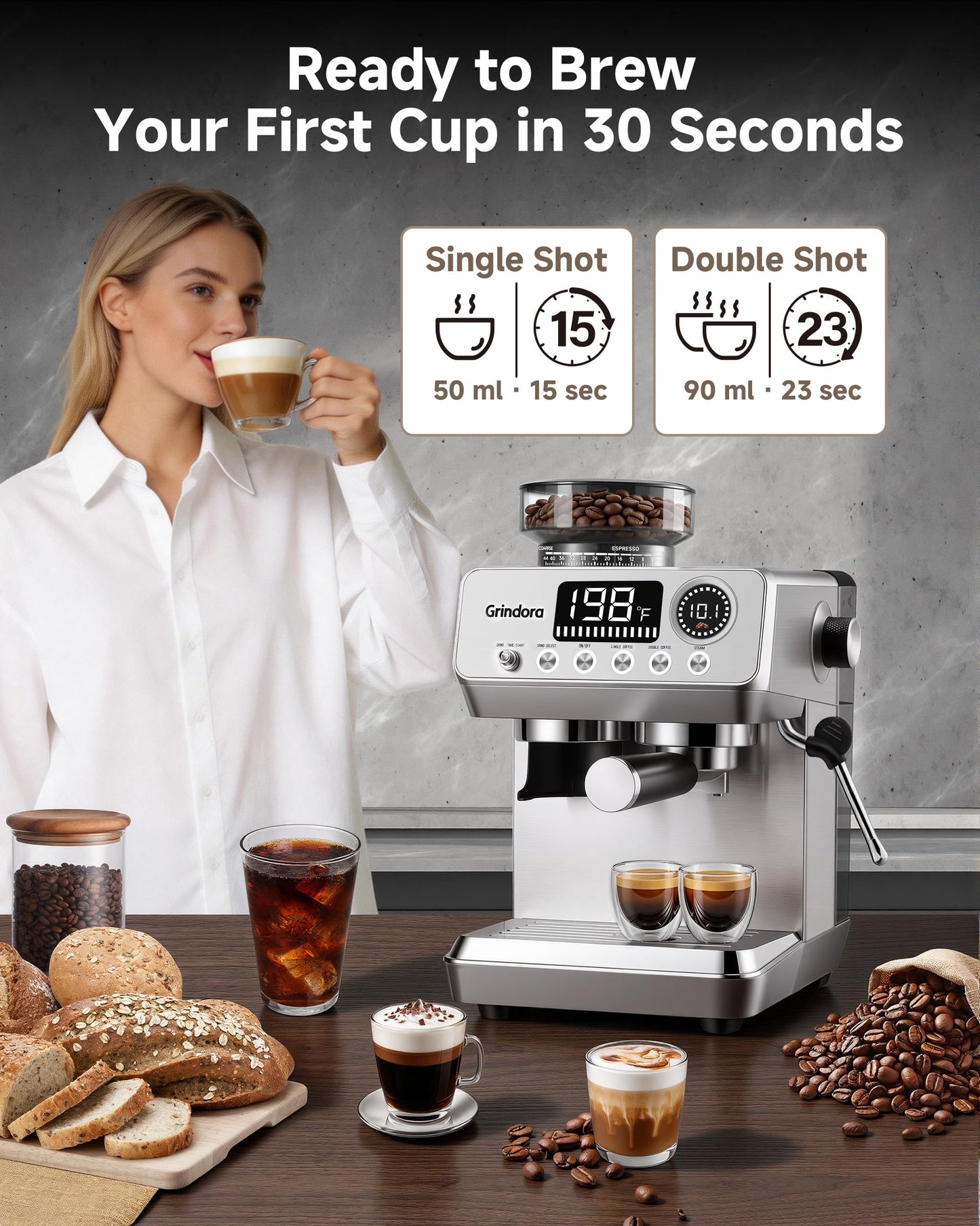 Espresso Machine with Grinder, 20 Bar Stainless Steel Espresso Coffee Machine, 44 Grind Settings, 0.1s Precision Timer, PID Control, Milk Frother for Latte, Cappuccino, Americano & Cold Brew