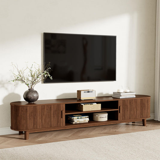 78.75" Curved TV Stand with Storage Cabinets & Open Shelves, Farmhouse Entertainment Center with Sliding Doors, Wood Media Console for Living Room Hallway, Walnut