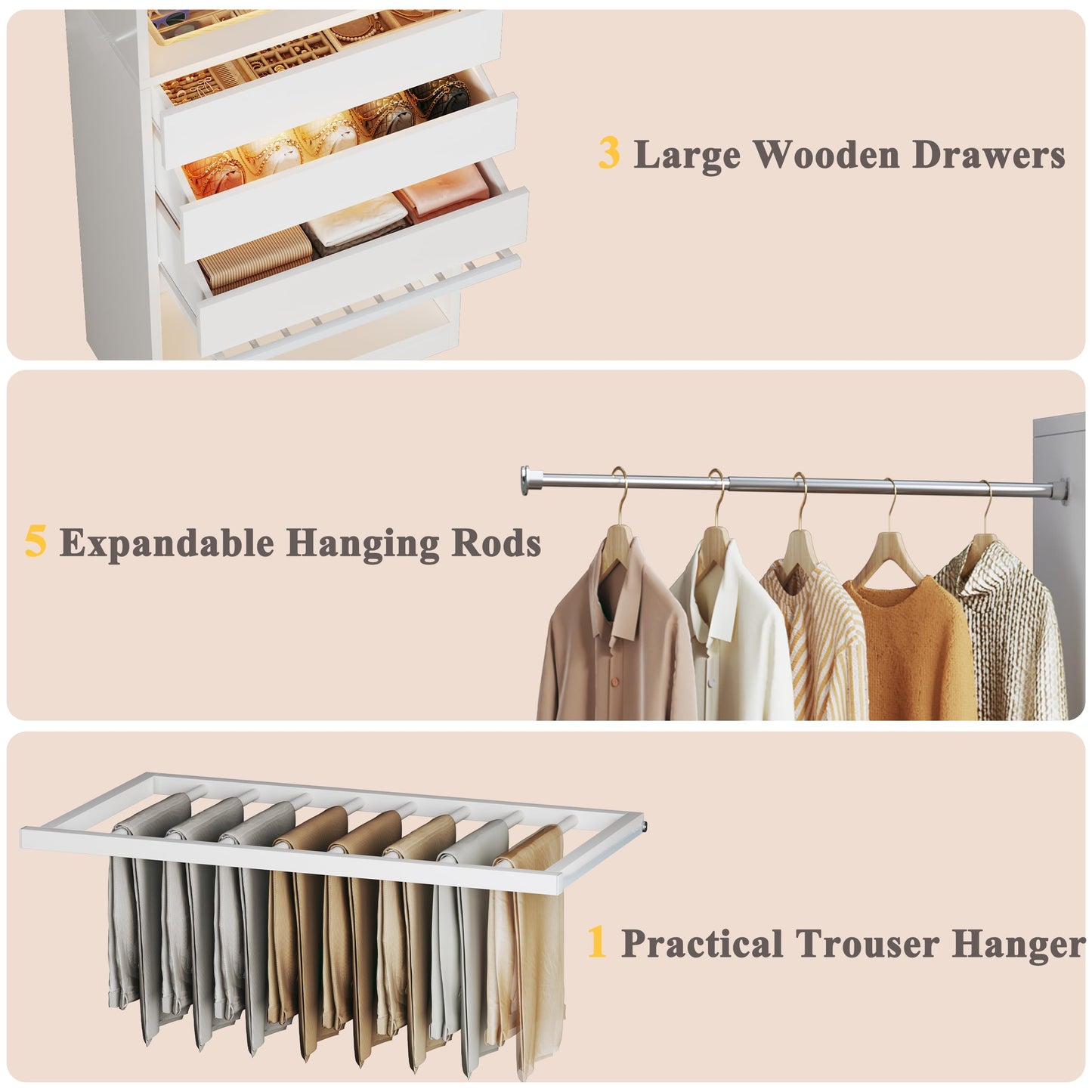 Closet System, 4-8FT Closet Organizer with 3 Wood Drawers & Glass Top, 102'' Walk in Closet with 5 Hang Rods & LED Lights & Trouser Rack, Built-in Wardrobe Clothes Rack with Shelves and Tower, White