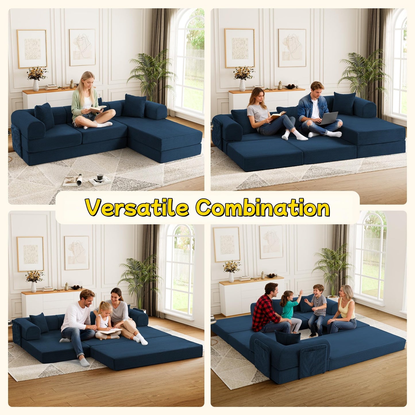 Topcomfy 106.3" Modular Sectional Sleeper Sofa with Metal Frame Support, Convertible 4-Seater L-Shaped Cloud Couch for Living Room, Corduroy Memory Foam Pit Sofa, Blue