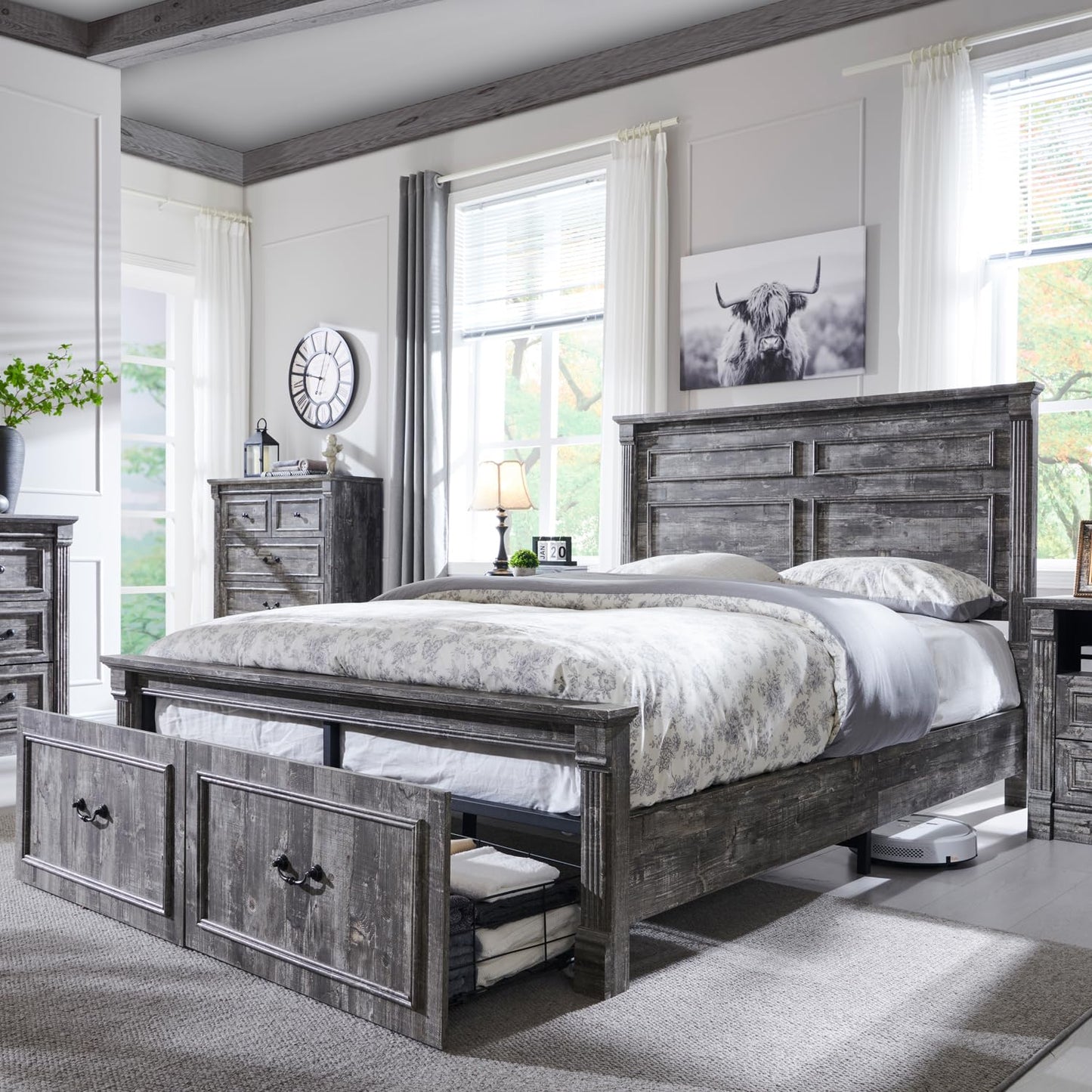 Aitjunz Farmhouse Queen Size Bed Frame with 51" Tall Headboard, Wood Platform Bed Frame with 20" Tall Roman Column Decoration Footboard & 2 Large Storage Drawers, No Box Spring Needed (Light Grey)