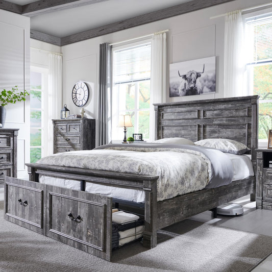 Aitjunz Farmhouse Queen Size Bed Frame with 51" Tall Headboard, Wood Platform Bed Frame with 20" Tall Roman Column Decoration Footboard & 2 Large Storage Drawers, No Box Spring Needed (Light Grey)