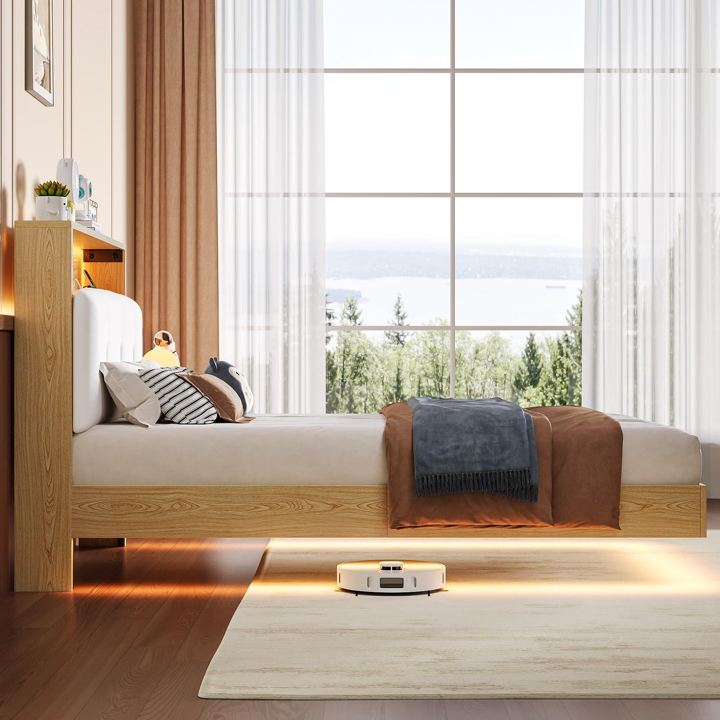 Einhomn Floating Bed Frame Twin with 2-Tier Storage Velvet Fabric Upholstered Headboard, Wooden Platform Bed Frame w/Charging Station & LED Lights, Metal Slats Support, No Box Spring Needed, Natural