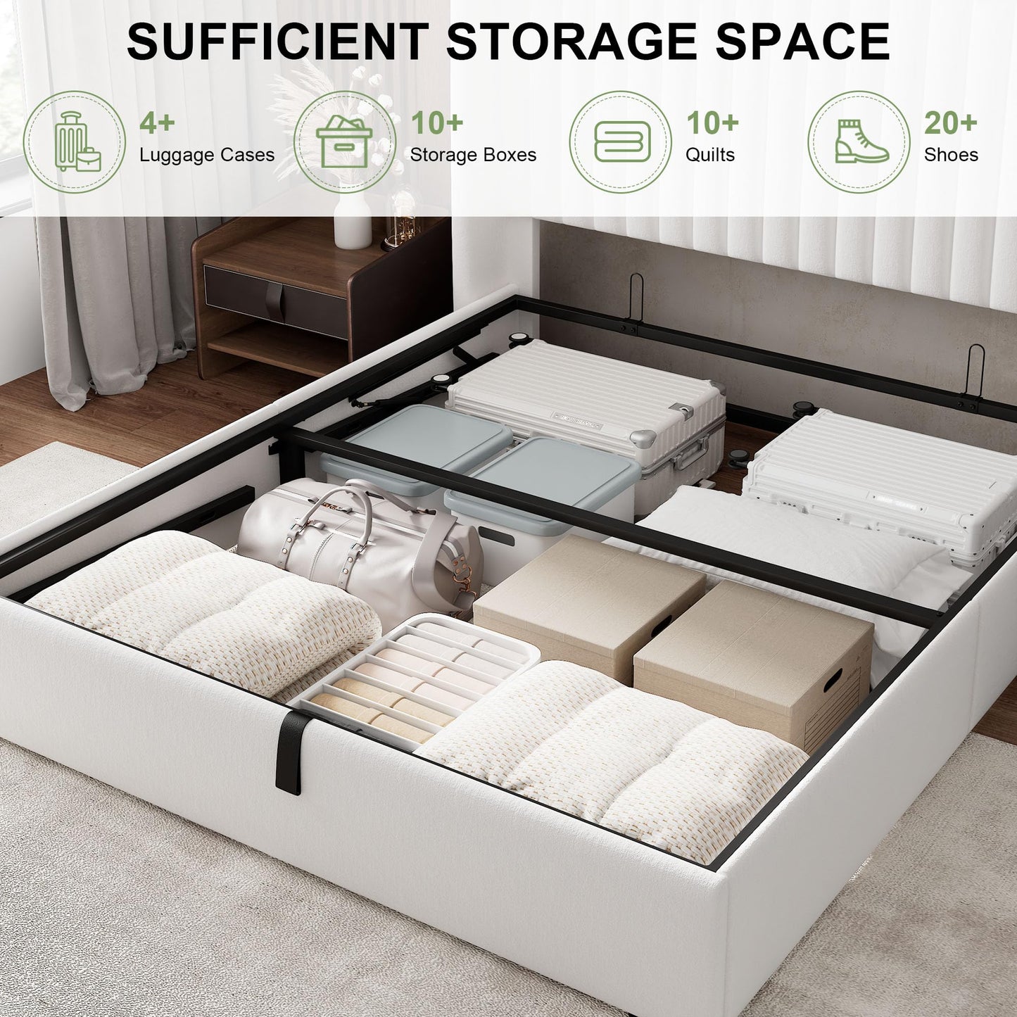 Feonase Queen Size Lift Up Storage Bed Frame, Velvet Upholstered Platform Bed Frame with Wingback Headboard, Hydraulic Storage, No Box Spring Needed, White