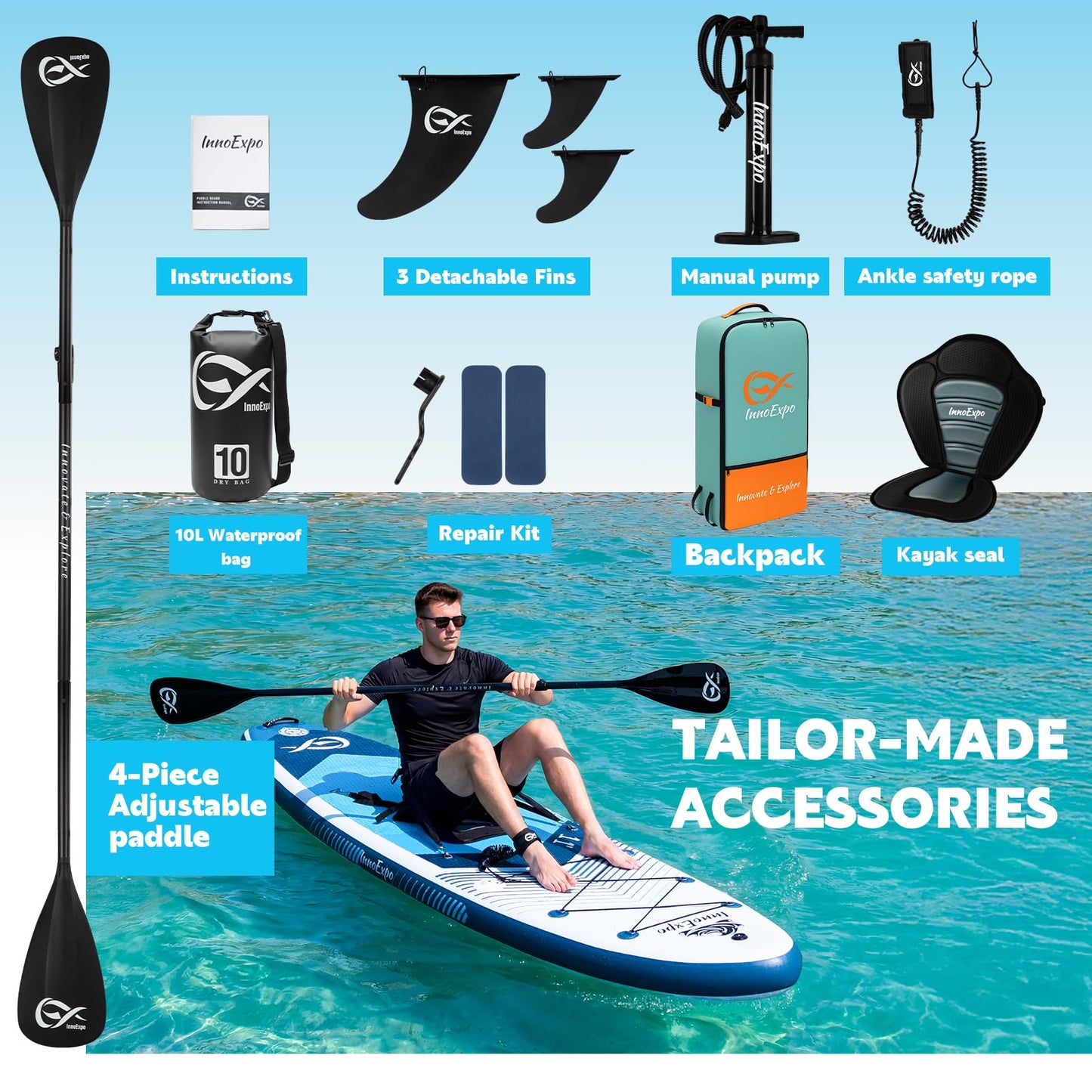 InnoExpo Inflatable Stand Up Paddle Boards with Premium Accessories, Wide Stable SUP Paddle Board Design, Non-Slip Comfort Deck for Youth & Adults (Marine/Kayak Seat, 11'x33''x6'')