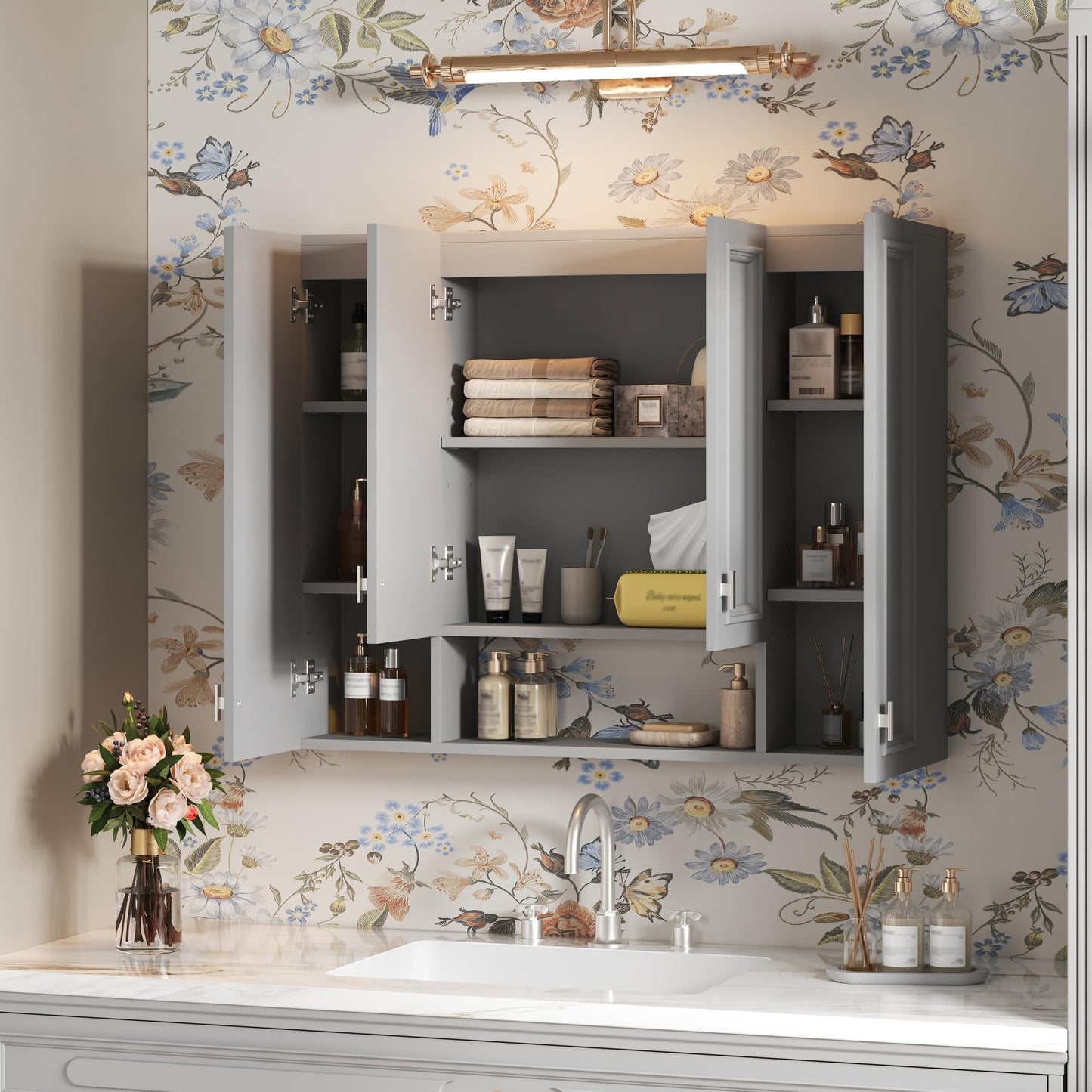 Marzzi 36" x 28" Bathroom Medicine Cabinet with Open Shelf, Wall Mounted Bathroom Storage Cabinet with Adjustable Shelves, Over The Toilet Wall Cabinet, Painted Finish