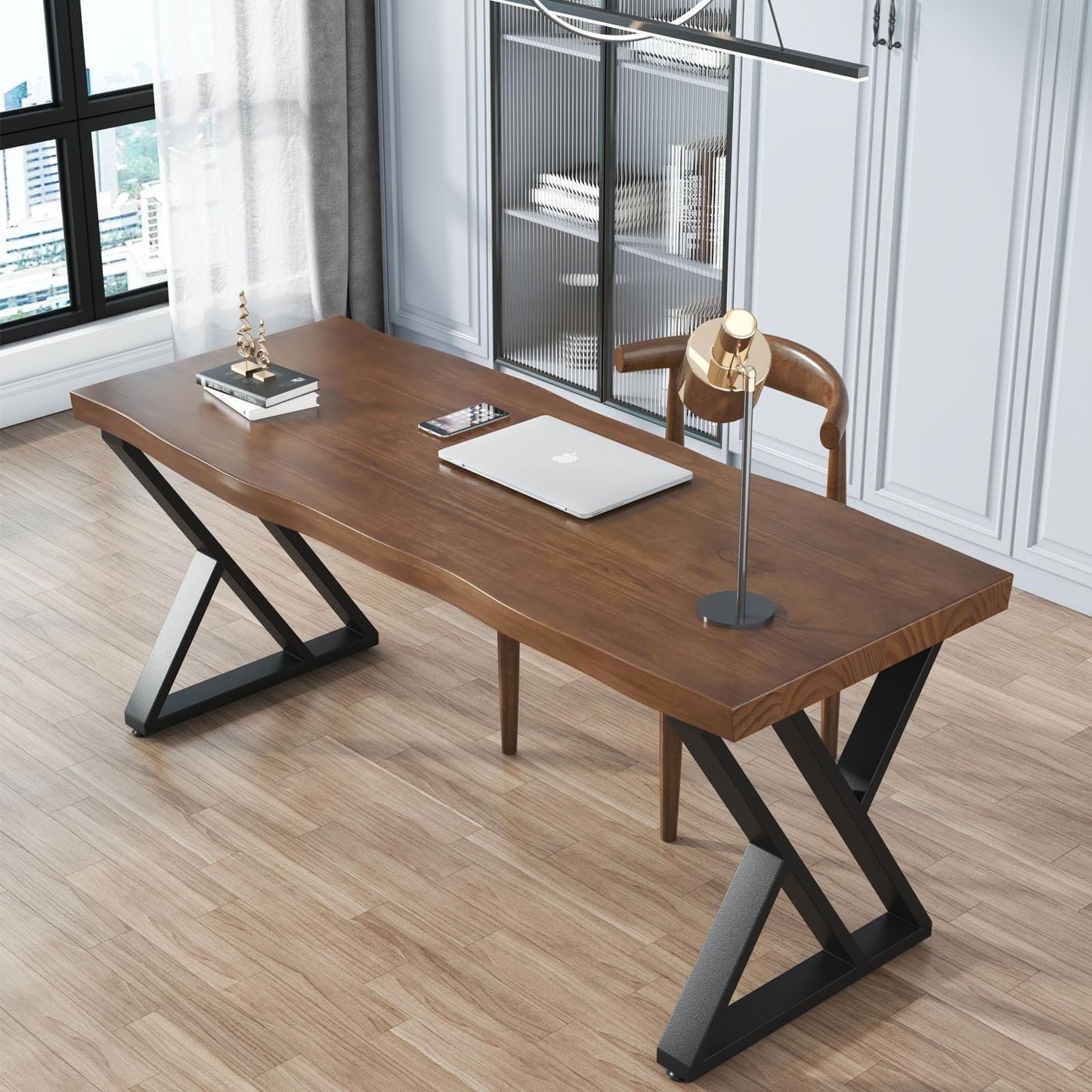 QZYJKJ 55inch Solid Wood Desk Wide Home Office Desk,Metal Modern Industrial Writing Table, Workstation, Perfect Table for Your workspace Study Table Furniture in Rustic Natural Aged Brown
