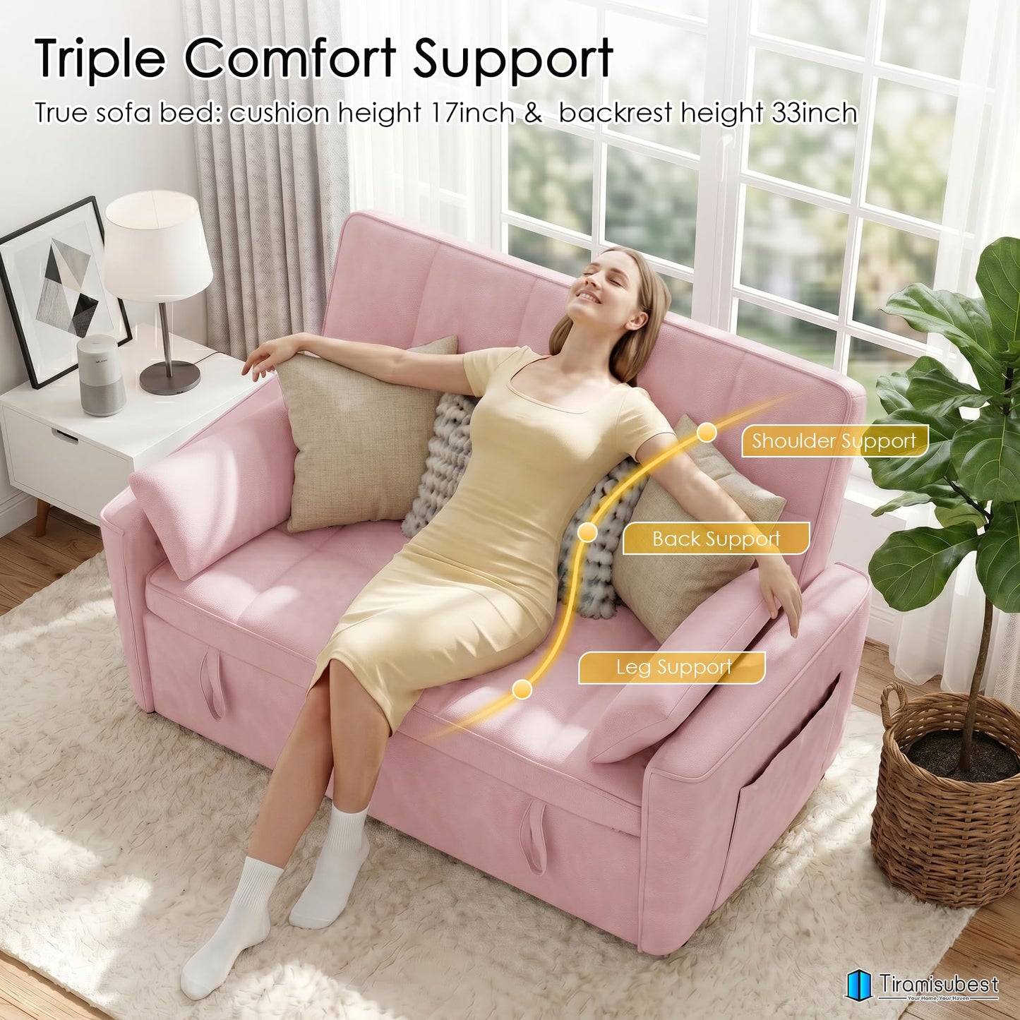 tiramisubest 54'' Sleeper Sofa Bed, Convertible Pull Out Couch Futon for for Living Room,Apartment (Pink, Loveseat) Side Pockets, Velvet Fabric, Adjustable Backrest, Pull-Out Bed, Easy Assembly