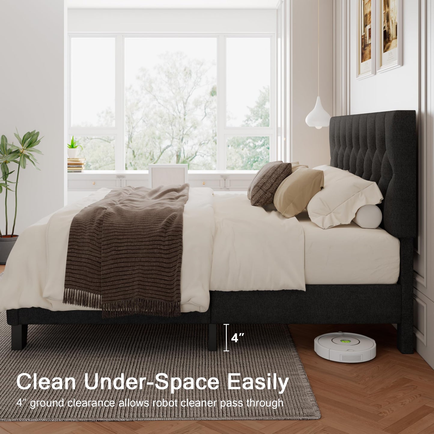 Einhomn King Size Upholstered Bed Frame with Headboard, Tufted Button Linen Bed Base, Platform Bed with Heavy Duty Wood Slat Support, No Box Spring Needed, Easy Assembly, Noise-Free, Dark Grey