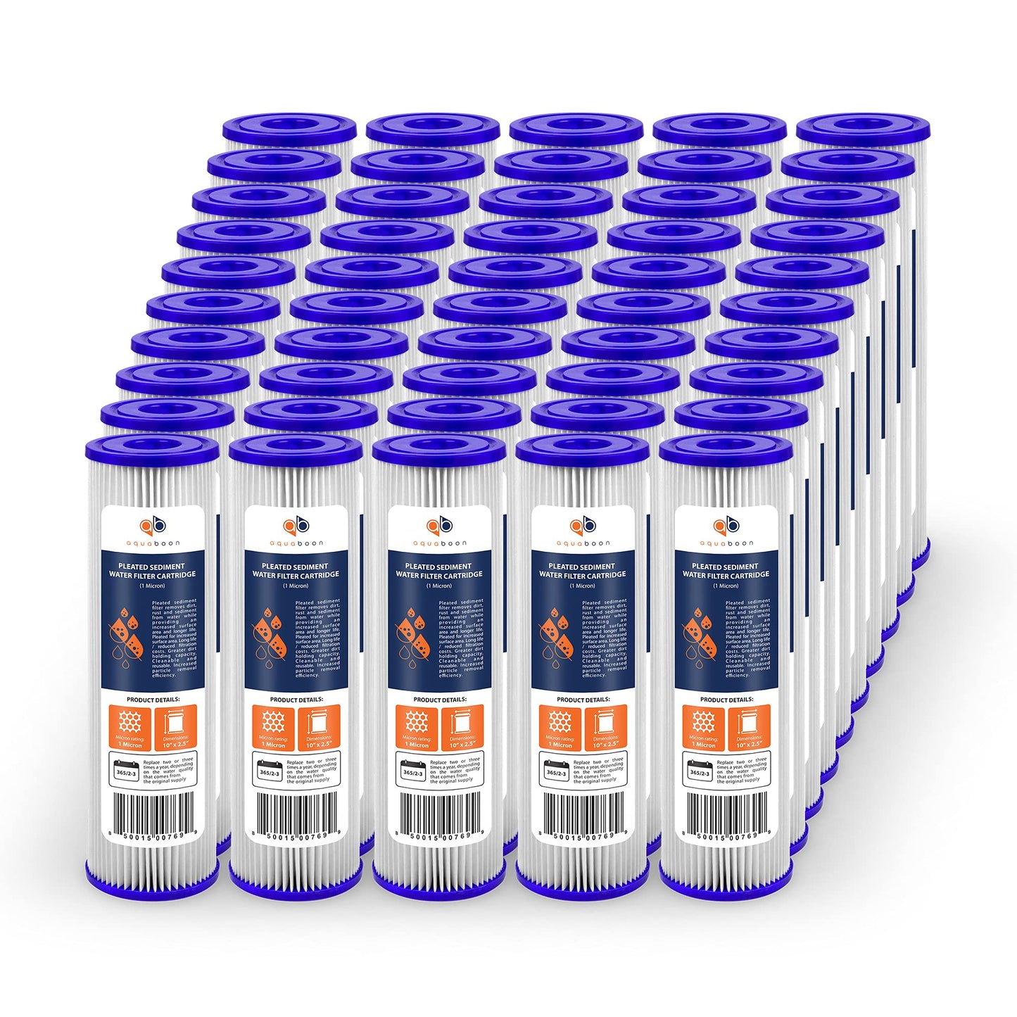 Aquaboon 1 Micron Pleated Water Filter 10 x 2.5 - Whole House Sediment Filter Replacement Cartridge Compatible with WFPFC3002, WHKF-WHPL, 50-Pack