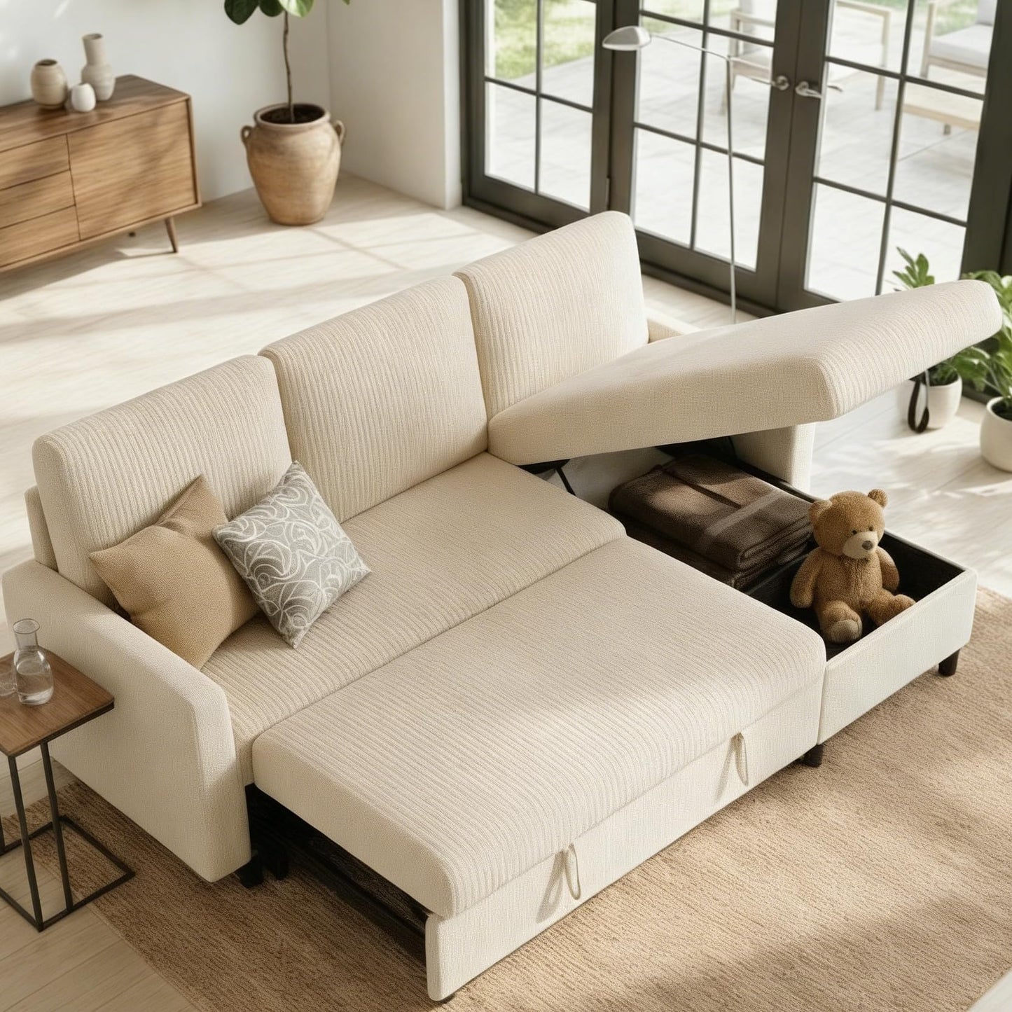 Shintenchi Futon Sofa Bed Convertible Couches L Shaped, 4‑in‑1 Sectional Sleeper Sofa Pull Out Couches for Living Room, Multifunctional Couch with Storage Chaise Corduroy Fabric, White