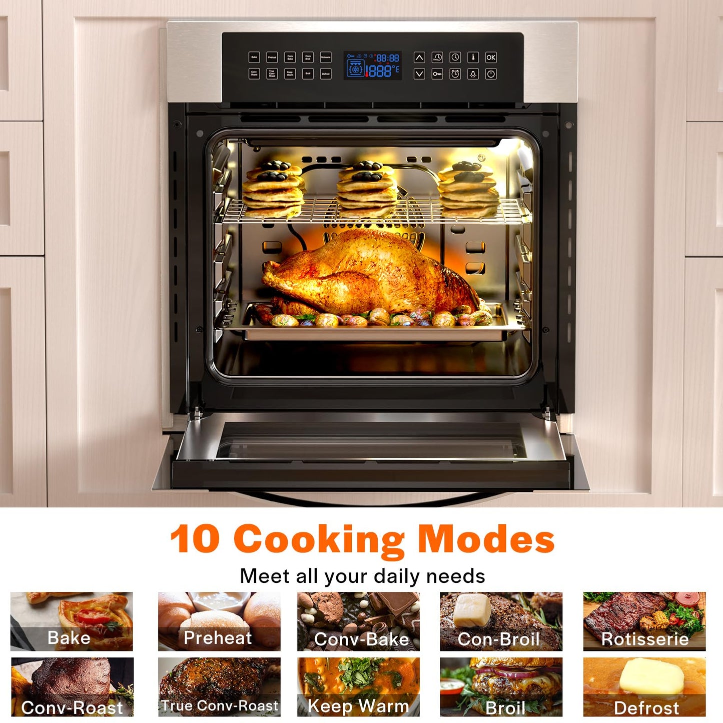 Empava Built-In Electric Single Wall Oven 24 inch with Convection and Rotisserie 10 Cooking Modes, Screen Touch Control, Stainless Steel