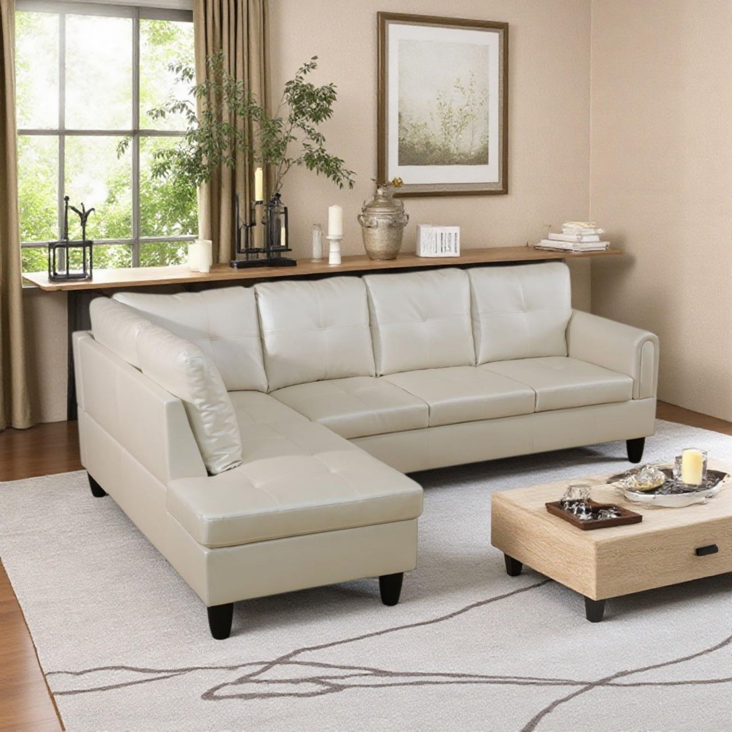 NicBex Leather Couches for Living Room, 2-Piece 97" L-Shaped Sectional Couch with Movable Chaise, Modern Sofa Living Room Set for Apartment, Office & Bedroom, Pearl White