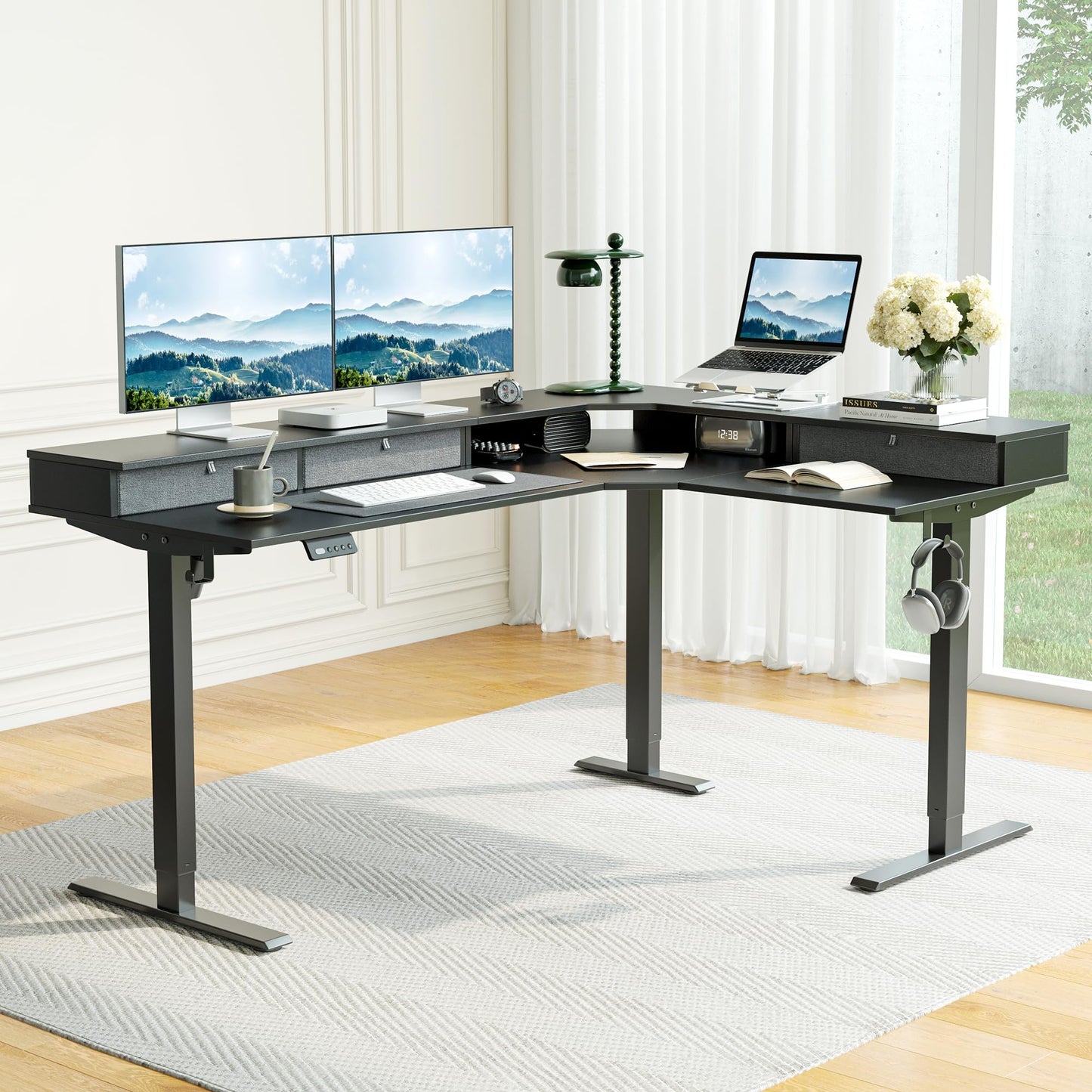 CubiCubi 63x48 Inches L Shaped Standing Desk with 3 Drawers and Monitor Shelf, Height Adjustable Corner Computer Desk with Hooks, Sit Stand Up Ergonomic Home Office Workstation Table, Modern Black
