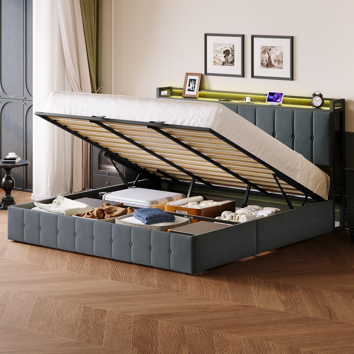 Garvee King Size Lift Up Storage Bed with LED Lights, Upholstered Velvet Bed Frame with Storage Headboard & Charging Station, Metal Platform Bed, No Box Spring Needed, Solid Wooden Slats, Grey
