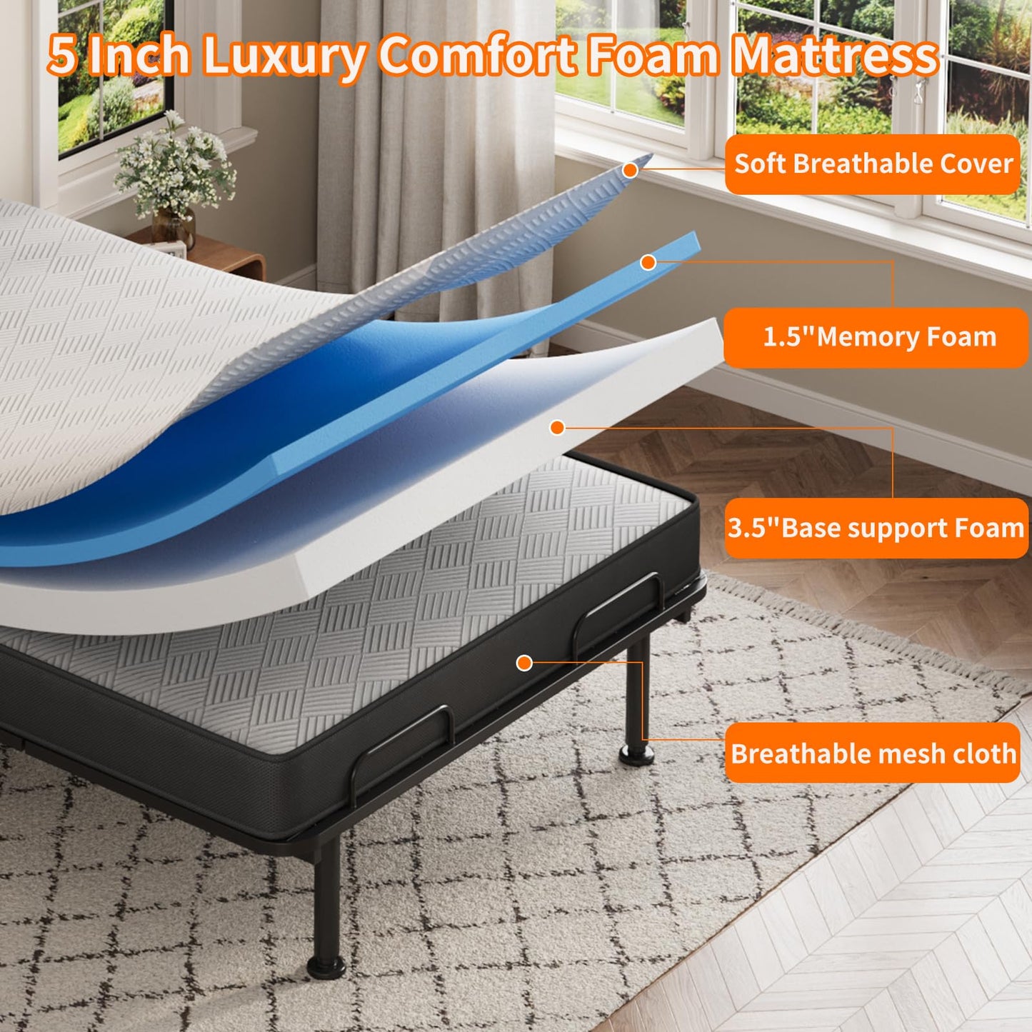 Full Size Adjustable Bed with 13CM Memory Mattress, Electric Adjustable Bed Frame with Remote, Ergonomic Bed Base with Head & Foot Incline,Zero Gravity, 4 Height-Adjustable Legs, Easy Assembly