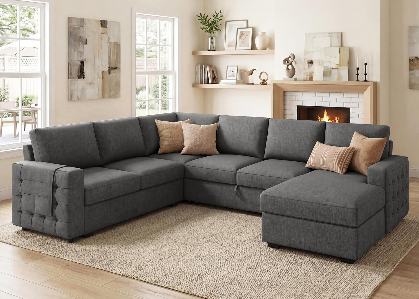 HONBAY Sectional Sleeper Sofa with Pull Out Bed U-Shape Sectional Couch Sleeper Bed with Storage Chaise 6 Seater Sleeper Sectional Sofa, Light Grey