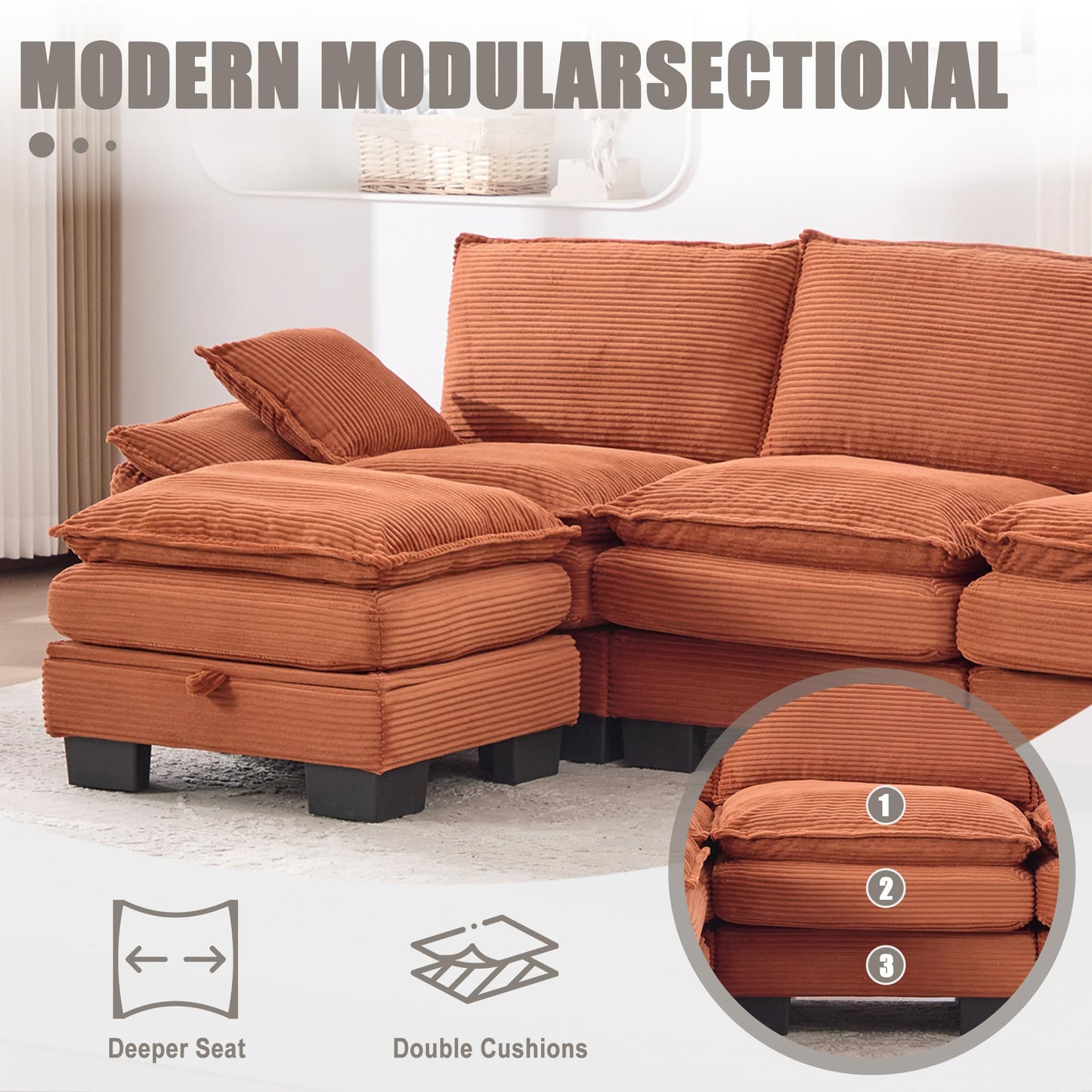 102" Oversized Cloud Modular Sectional Sofa with Movable Ottoman, Free Combination Convertible L Shaped Corner Couch Sets,Comfy Corduroy Upholstered Orange Sofa & Couch for Living Room